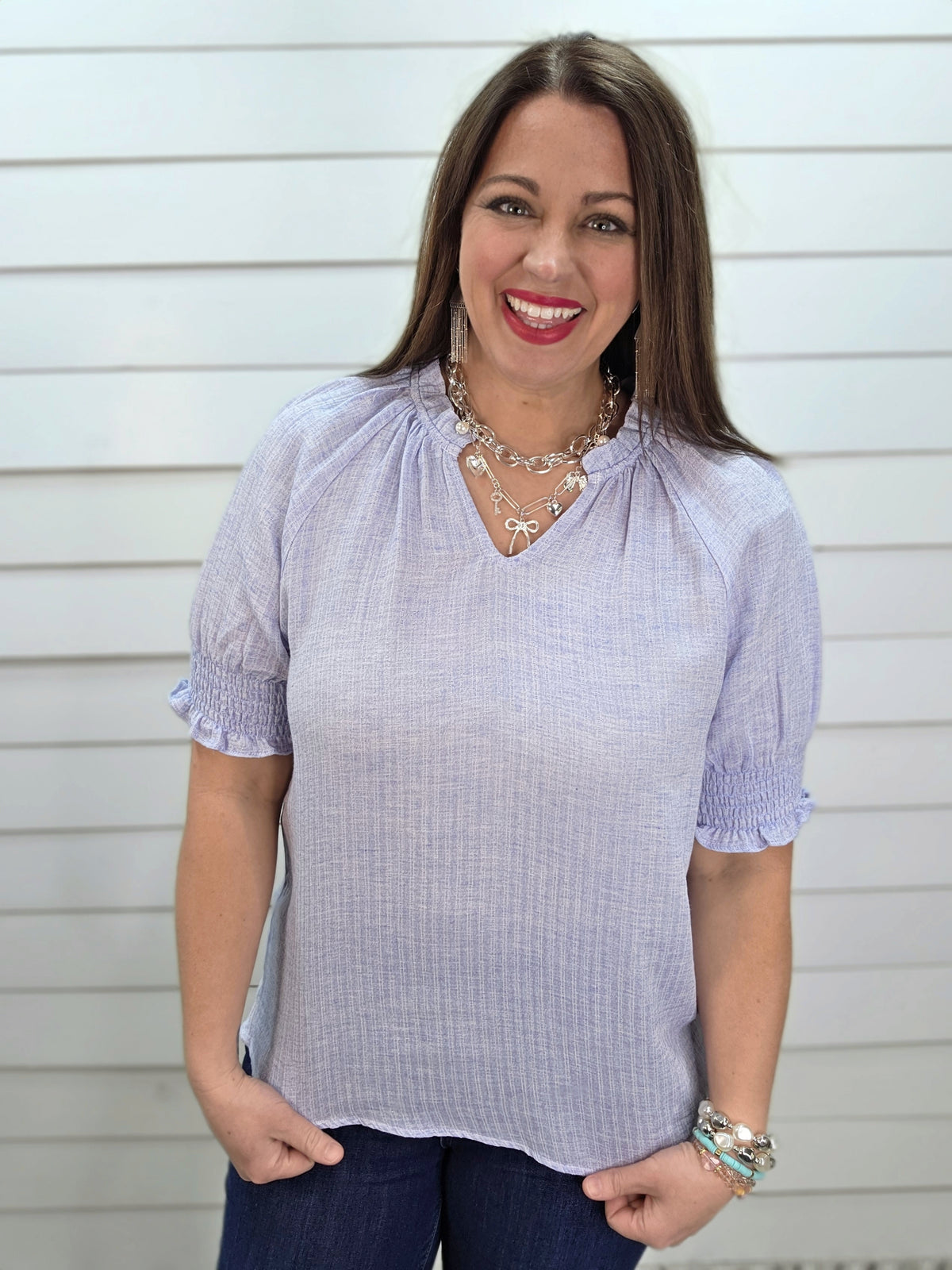 LIGHT BLUE RUFFLED COLLAR V NECK SMOCKED SLEEVE WOVEN TOP