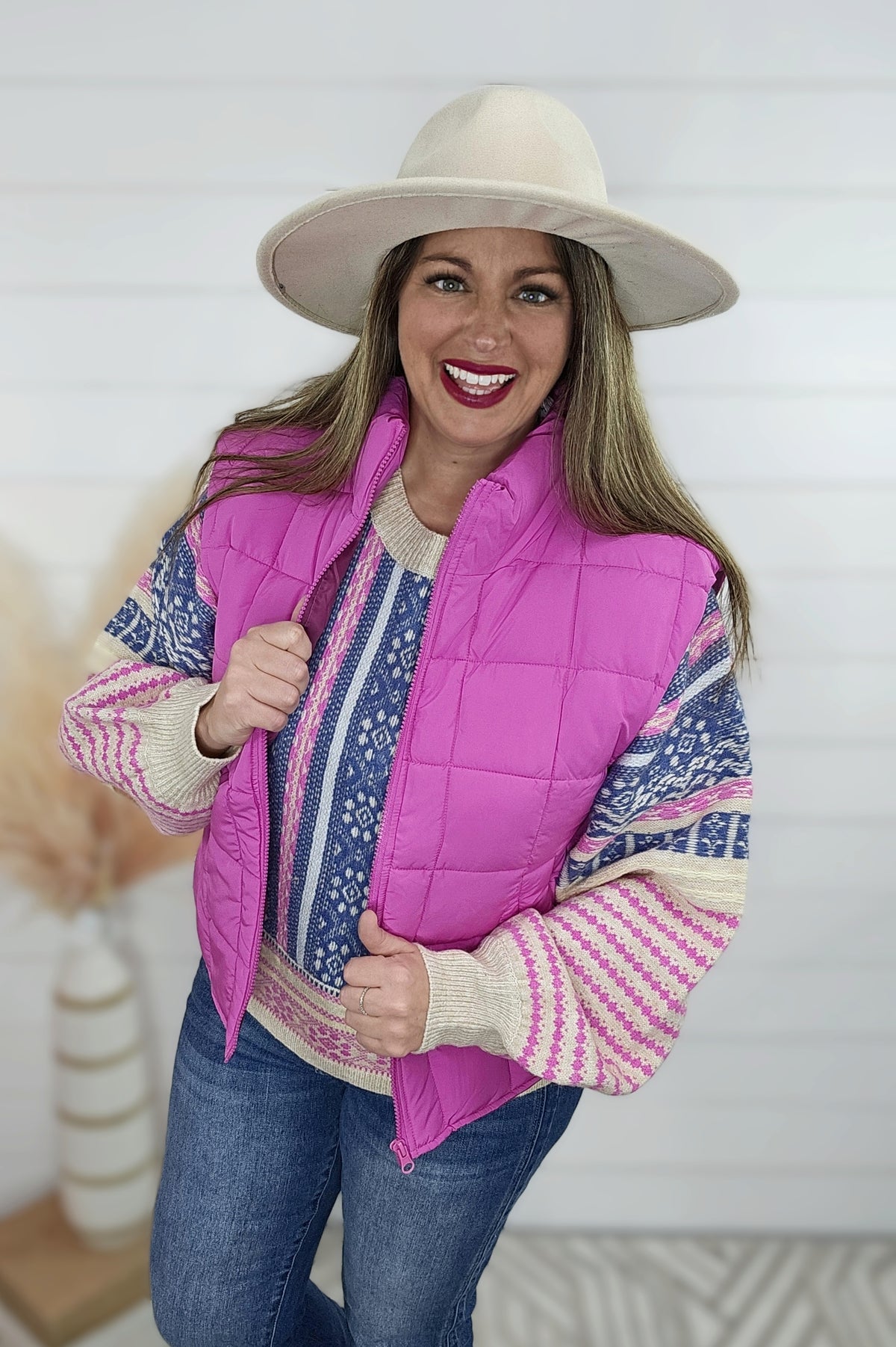 FUCHSIA ZIP UP PUFF VEST