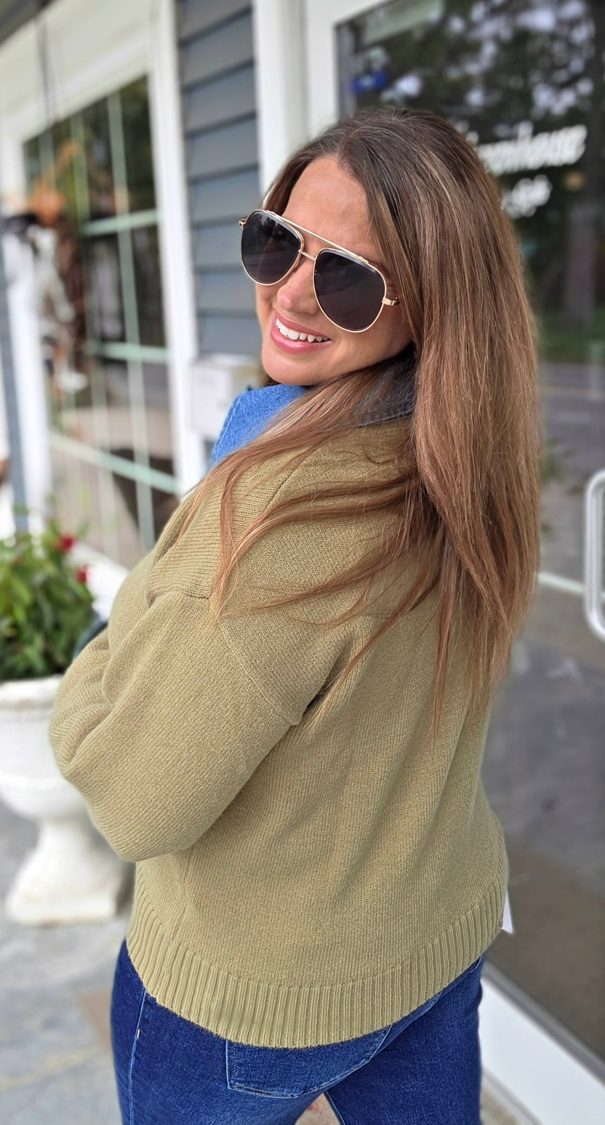 LT OLIVE SWEATER W/ DENIM TRIM