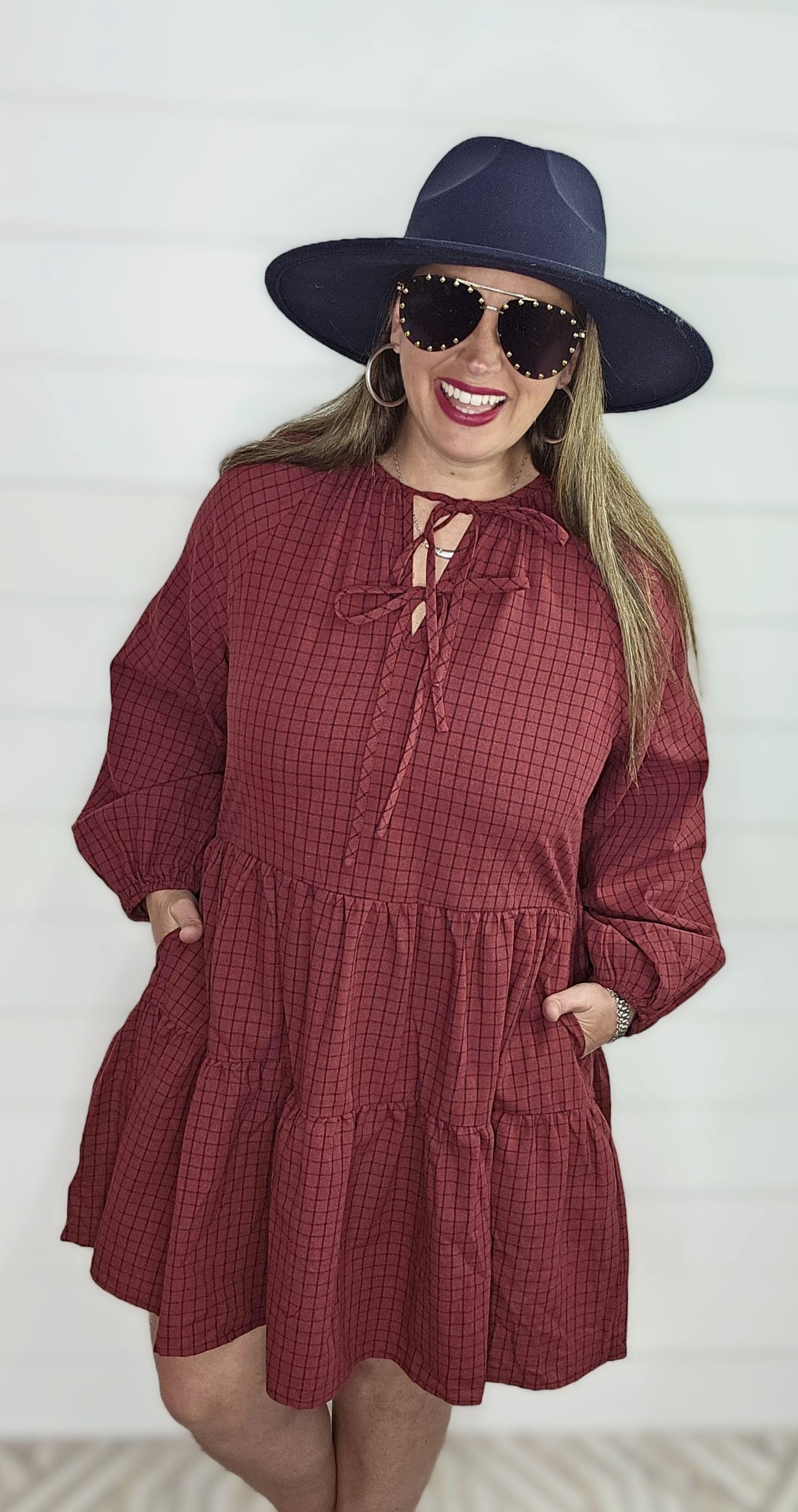 RED BRICK WOVEN PLAID TIE FRONT TIERED DRESS