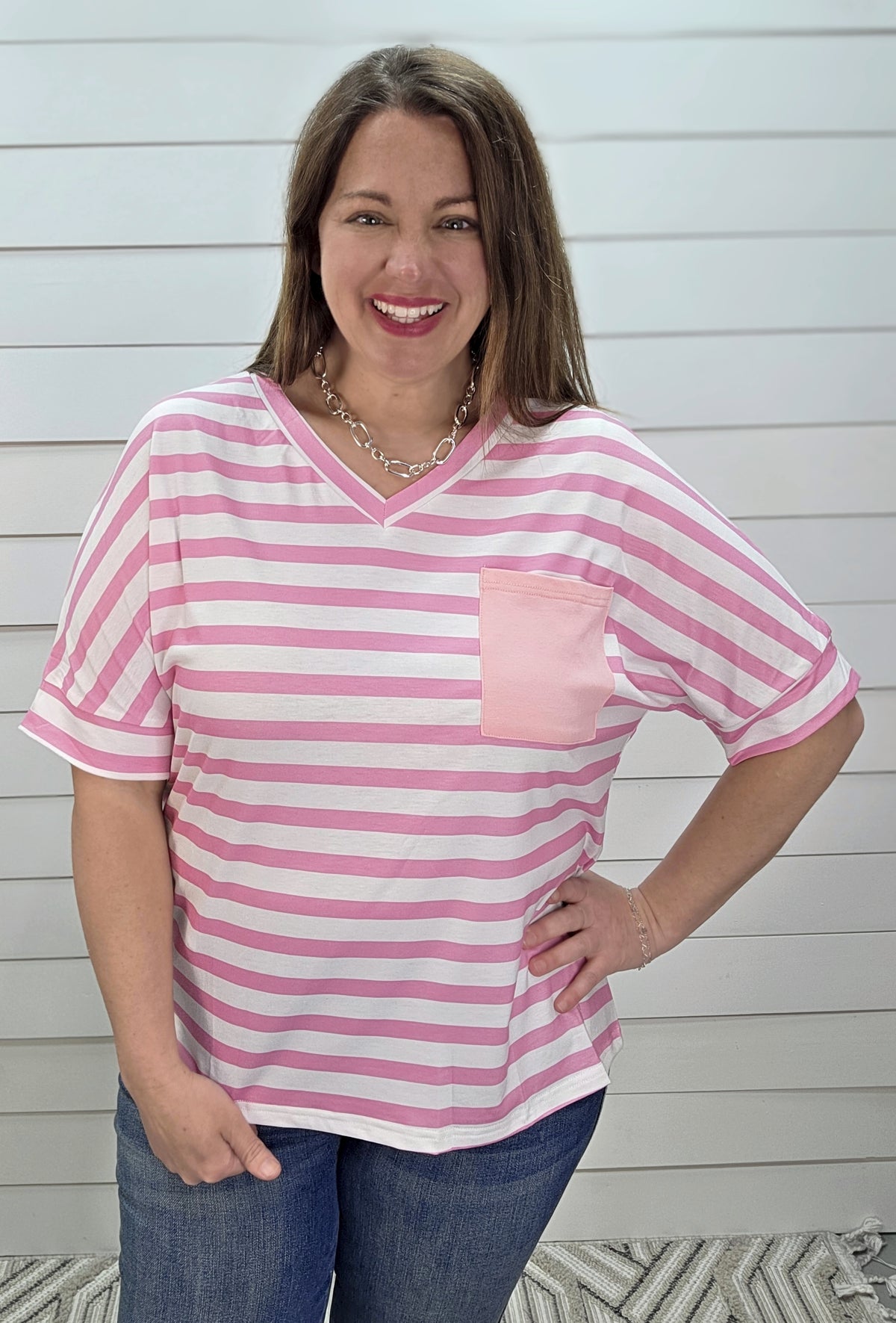 PINK STRIPED V NECK POCKET KNIT TOP