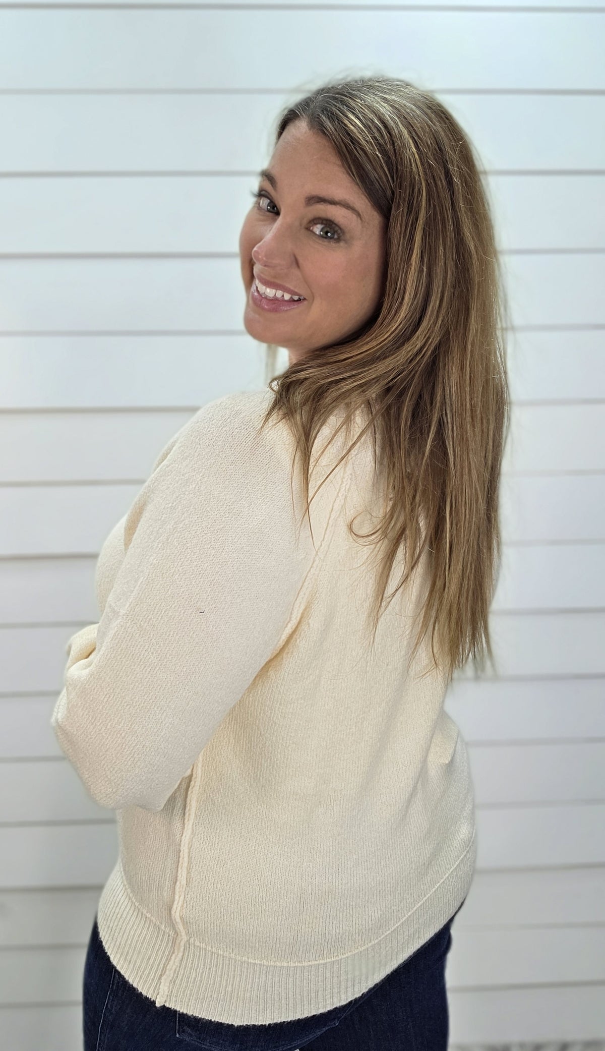 Vanilla Cream Knit Henley Sweater with Seams