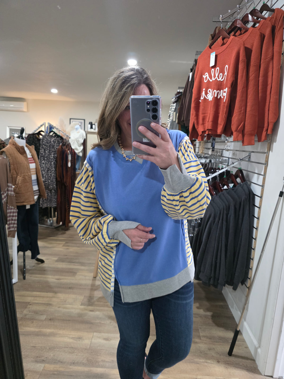 BLUE/STRIPED CONTRAST FRENCH TERRY TOP