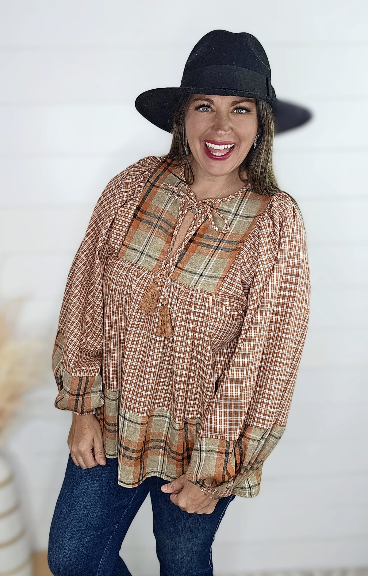 RUST/TAN PLAID CONTRAST BOHO TOP