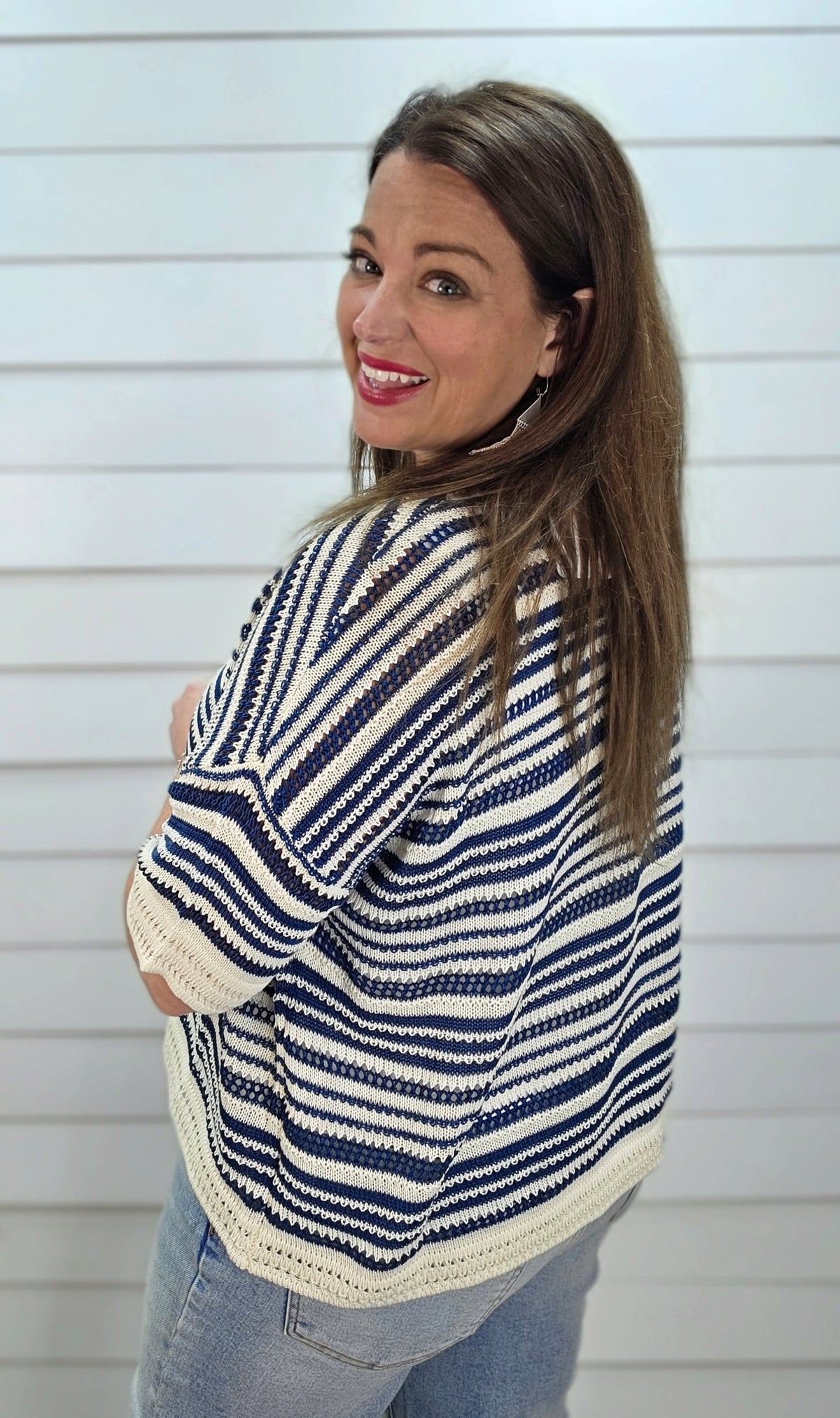 BLUE/CREAM STRIPED OPEN KNIT LOOSE FIT SHORT SLEEVE SWEATER