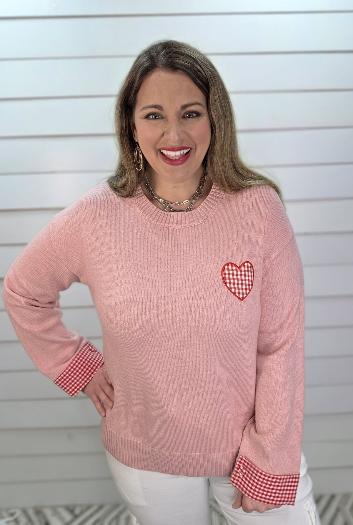LIGHT PINK GINGHAM HEART KNIT SWEATER