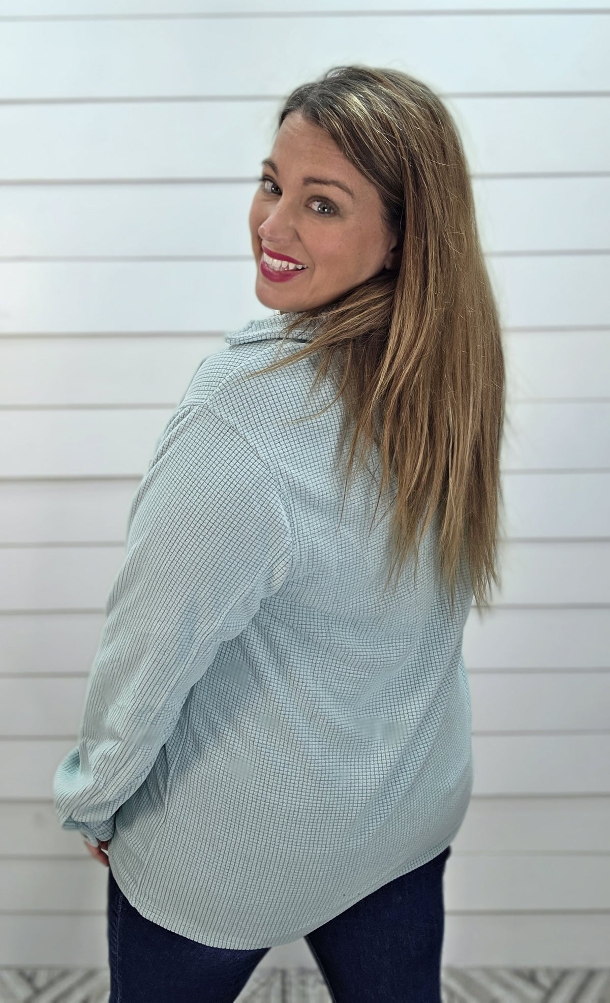 MINT RAISED BRUSHED CHECKED TEXTURE BUTTON DOWN KNIT TOP