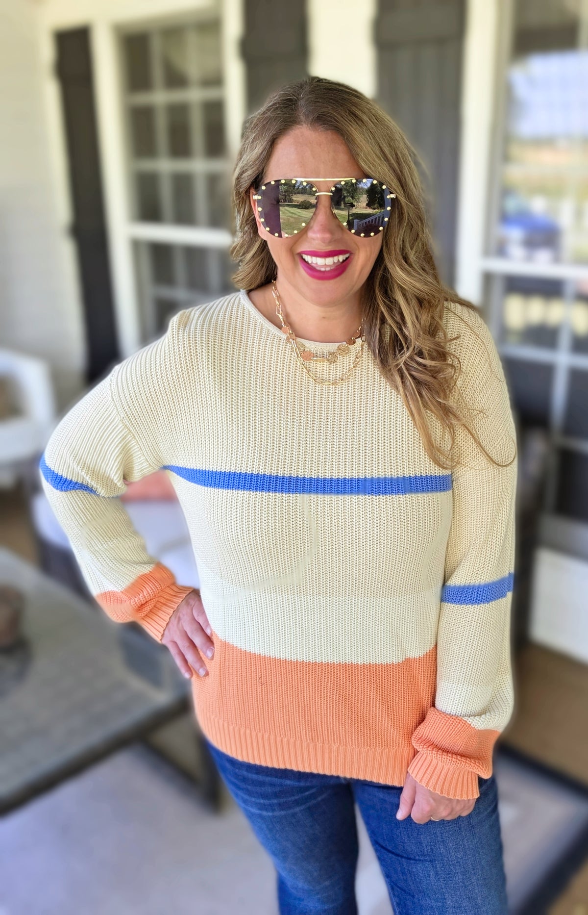 BEIGE/BLUE/ORANGE STRIPED COTTON BLEND SWEATER