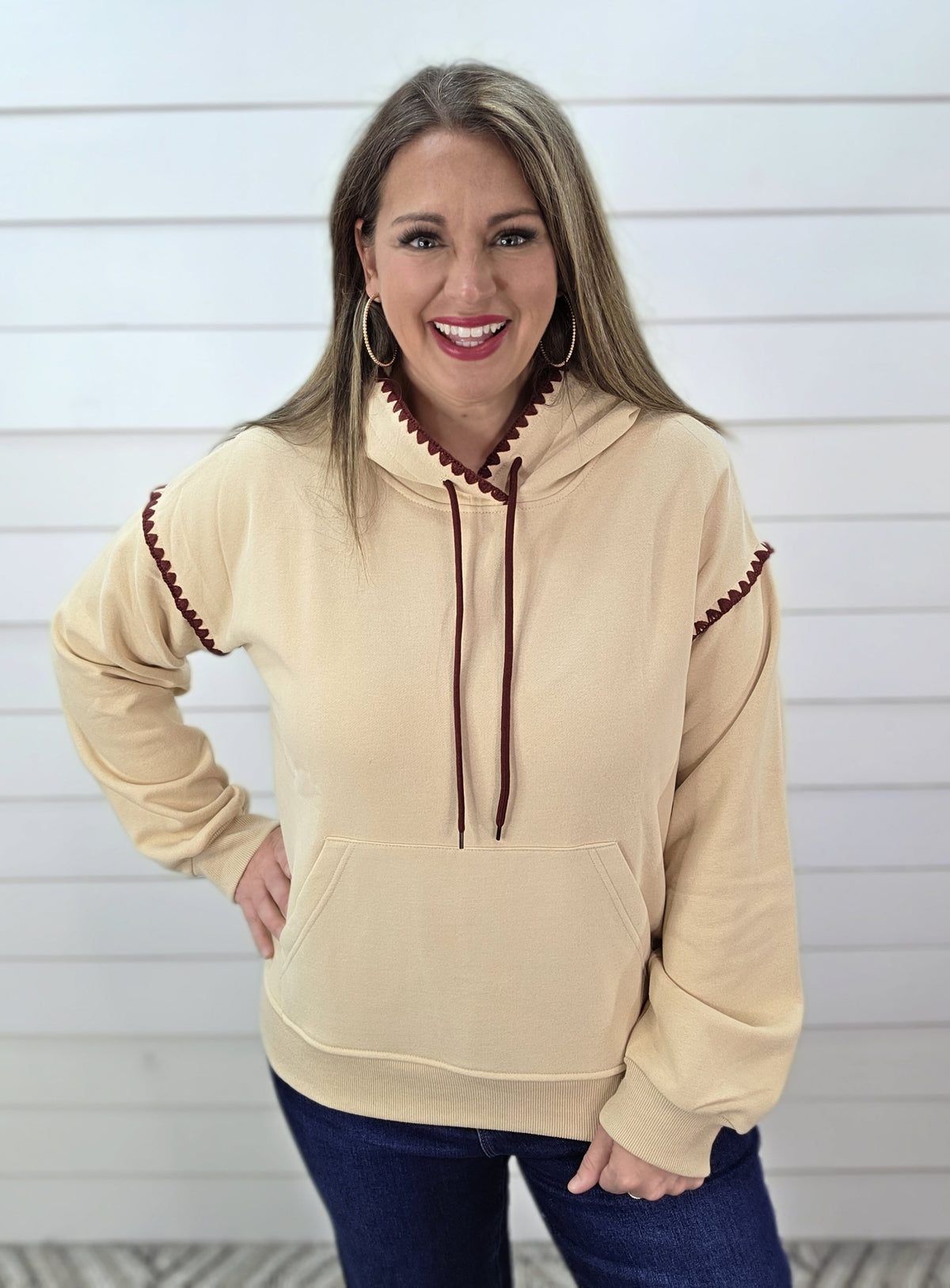 BEIGE/WINE STITCHED HOODIE