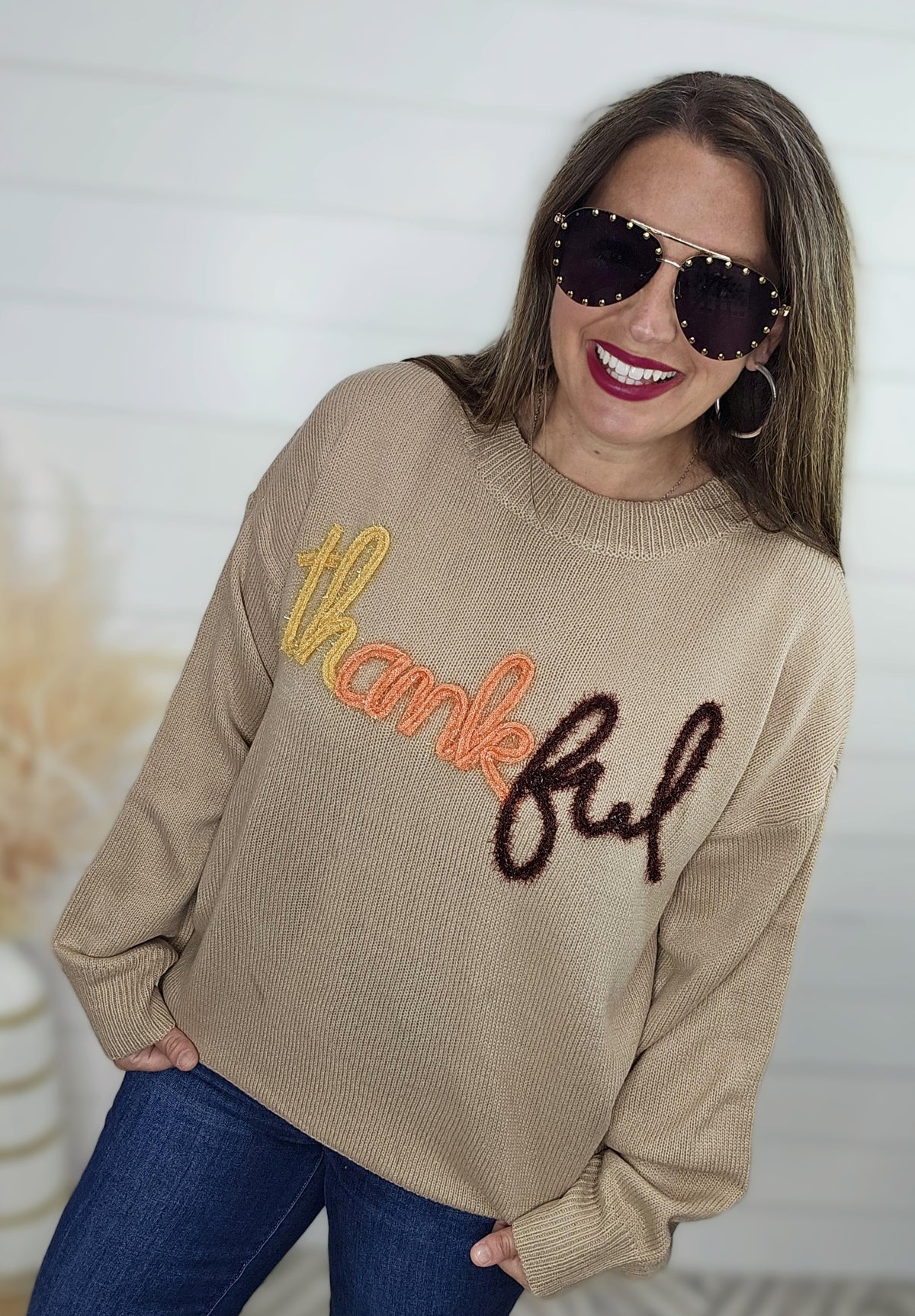 TAUPE METALLIC GLITTER POP "THANKFUL " SWEATER