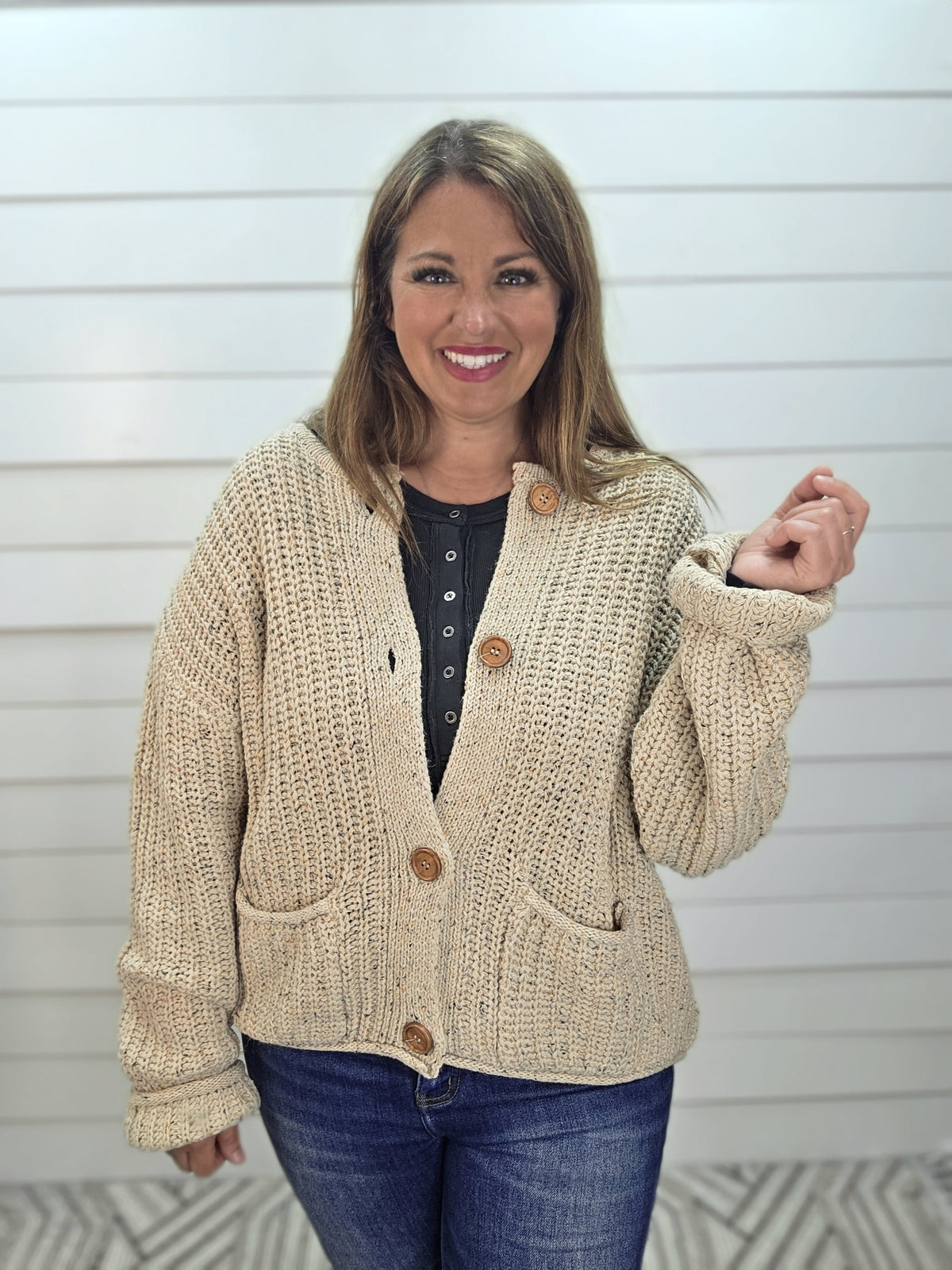TAUPE Marled Button Down Raw Edge Chunky Knit Cardigan