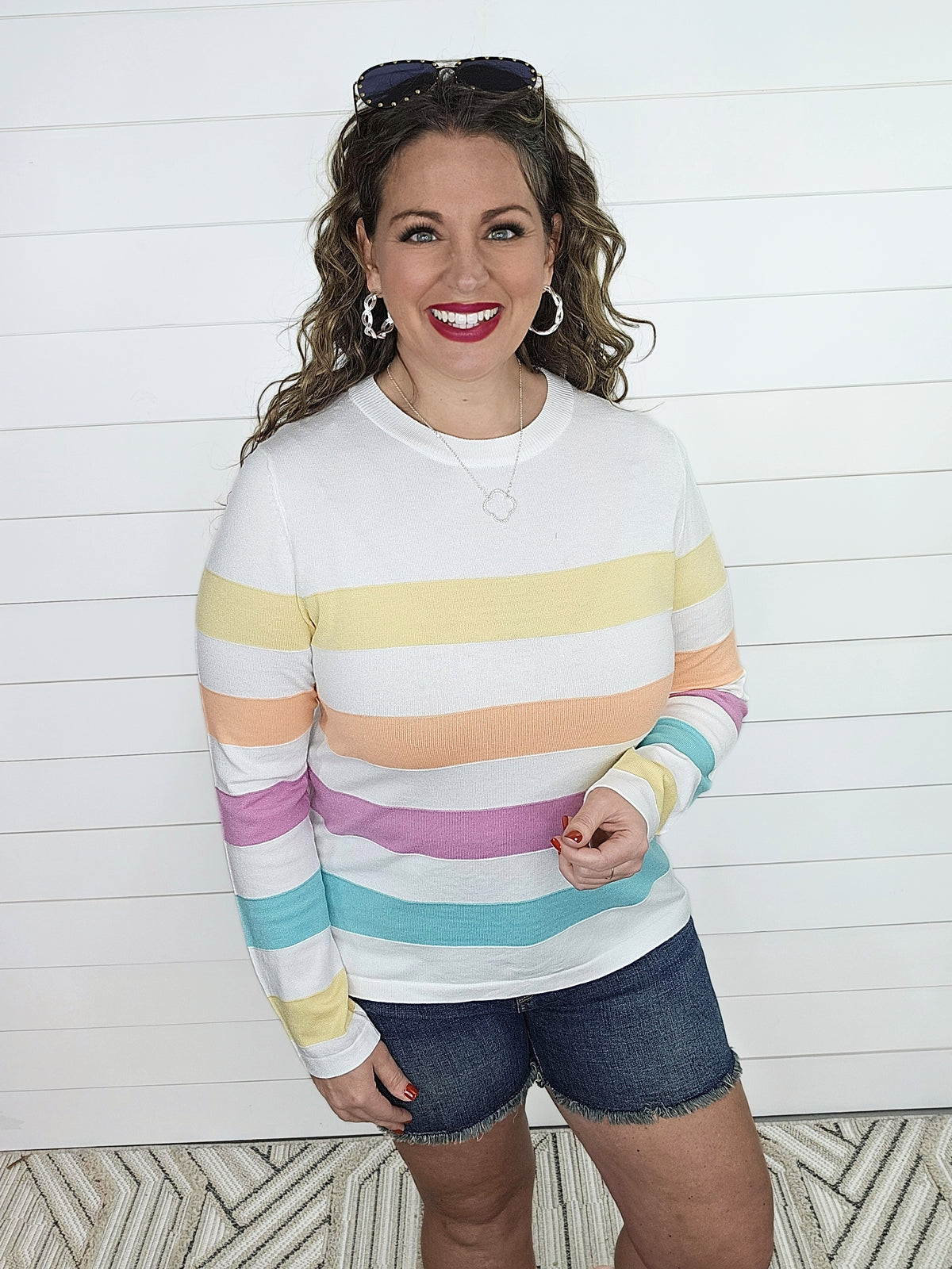 WHITE BRIGHT STRIPED COLORBLOCK KNIT TOP