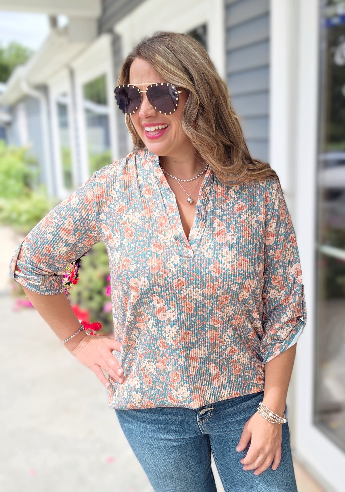 TEAL RIBBED FLORAL 3/4 SLEEVE KNIT TOP