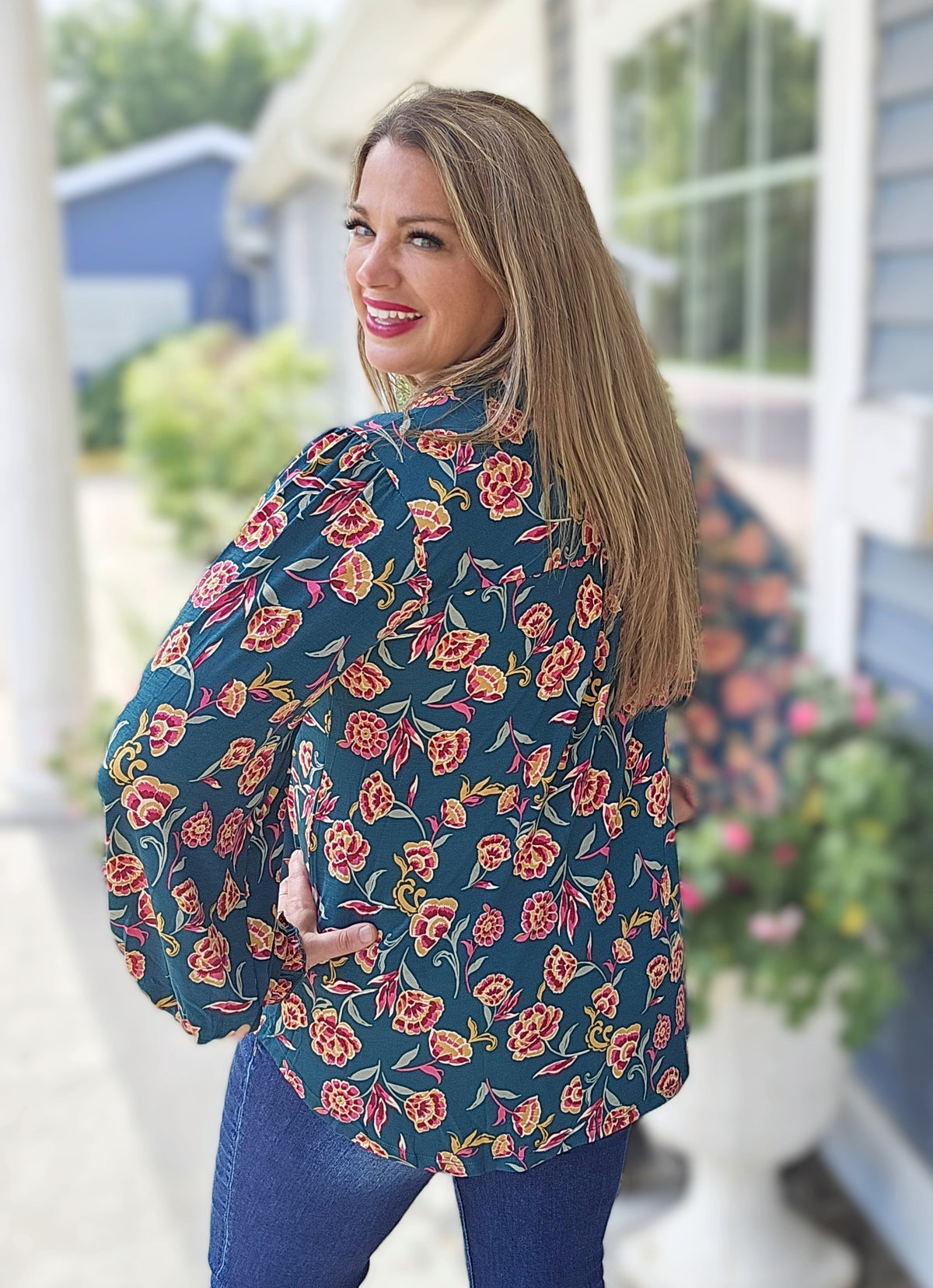 DEAR SCARLETT JEWEL GREEN FLORAL LONG SLEEVE SMOCKED LIZZY