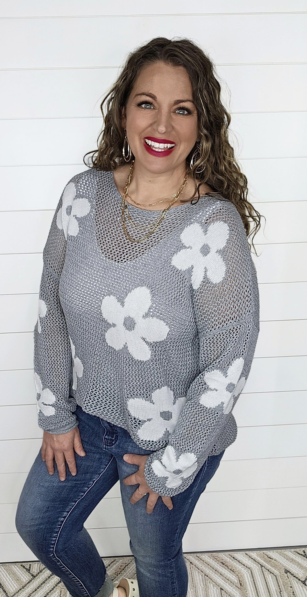 GREY OPEN WEAVE FLORAL SWEATER