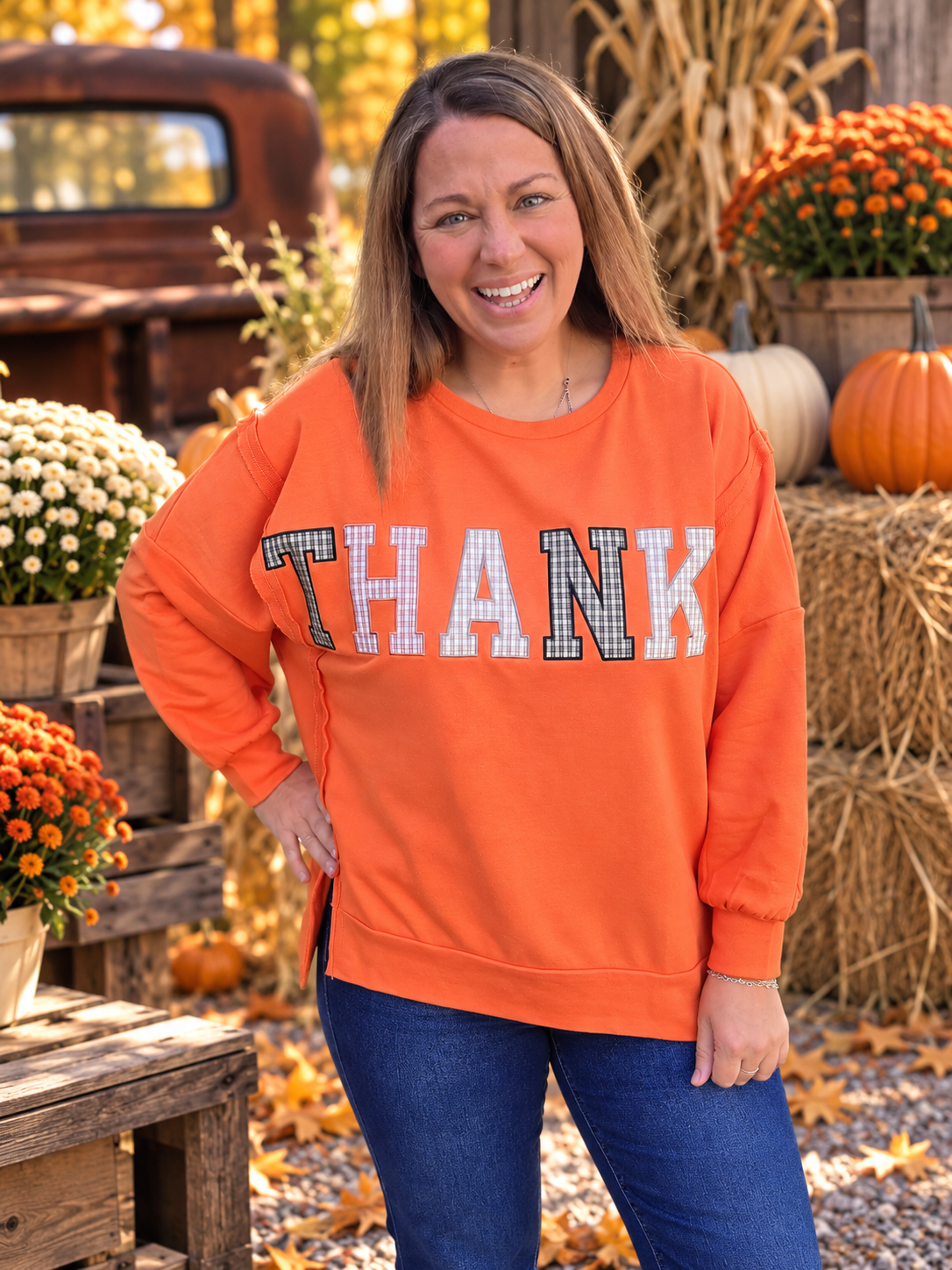 Pumpkin Round Neck Drop Shoulder Long Sleeve Oversized Loose Fit French Terry THANKS Pullover