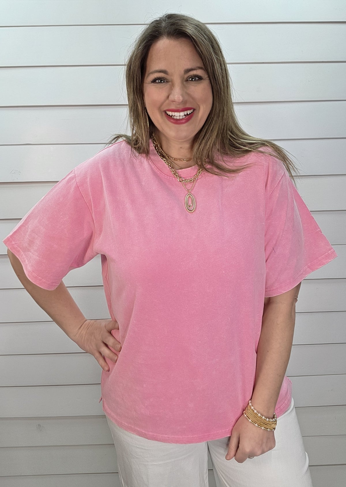 PINK MINERAL WASH COTTON SHORT SLEEVE TOP