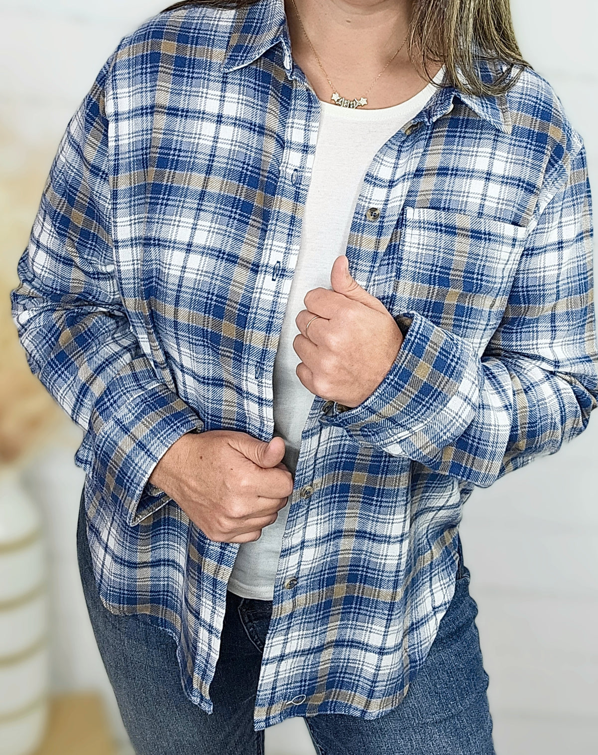 BLUE PLAID BUTTON DOWN TOP