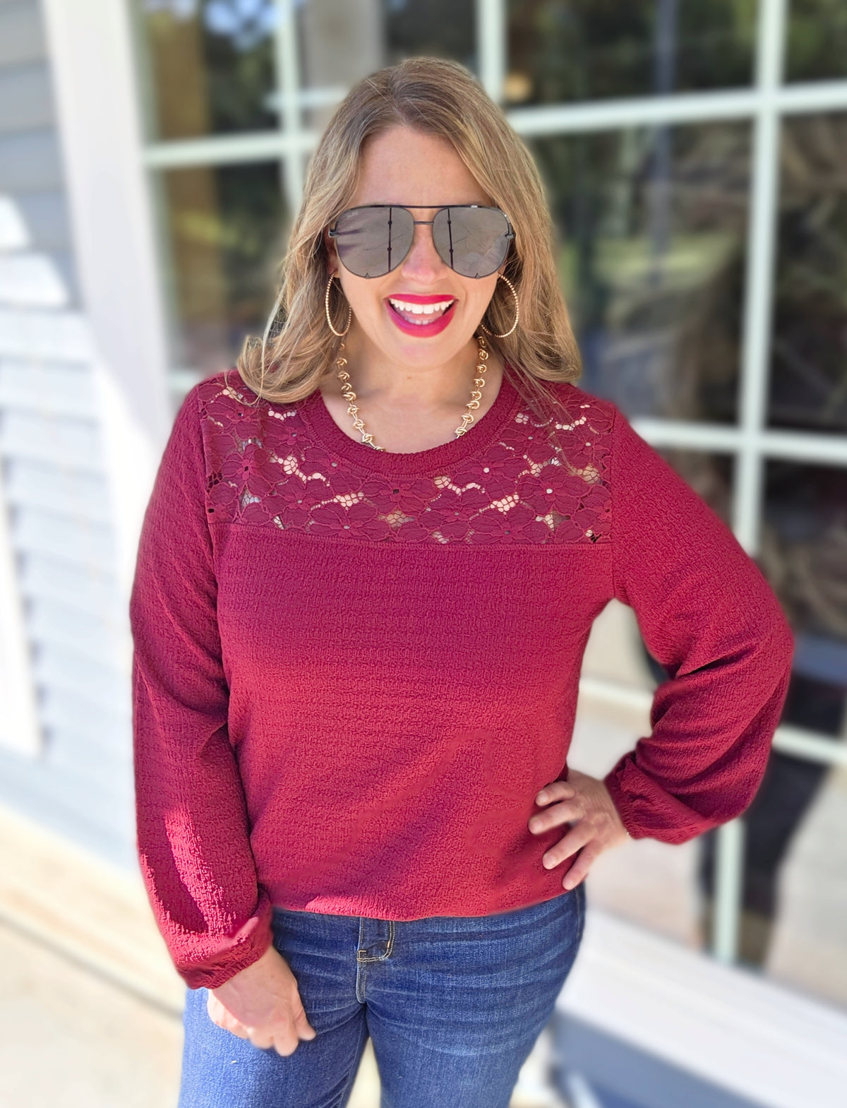 WINE TEXTURED LACE TRIM YOKE TOP