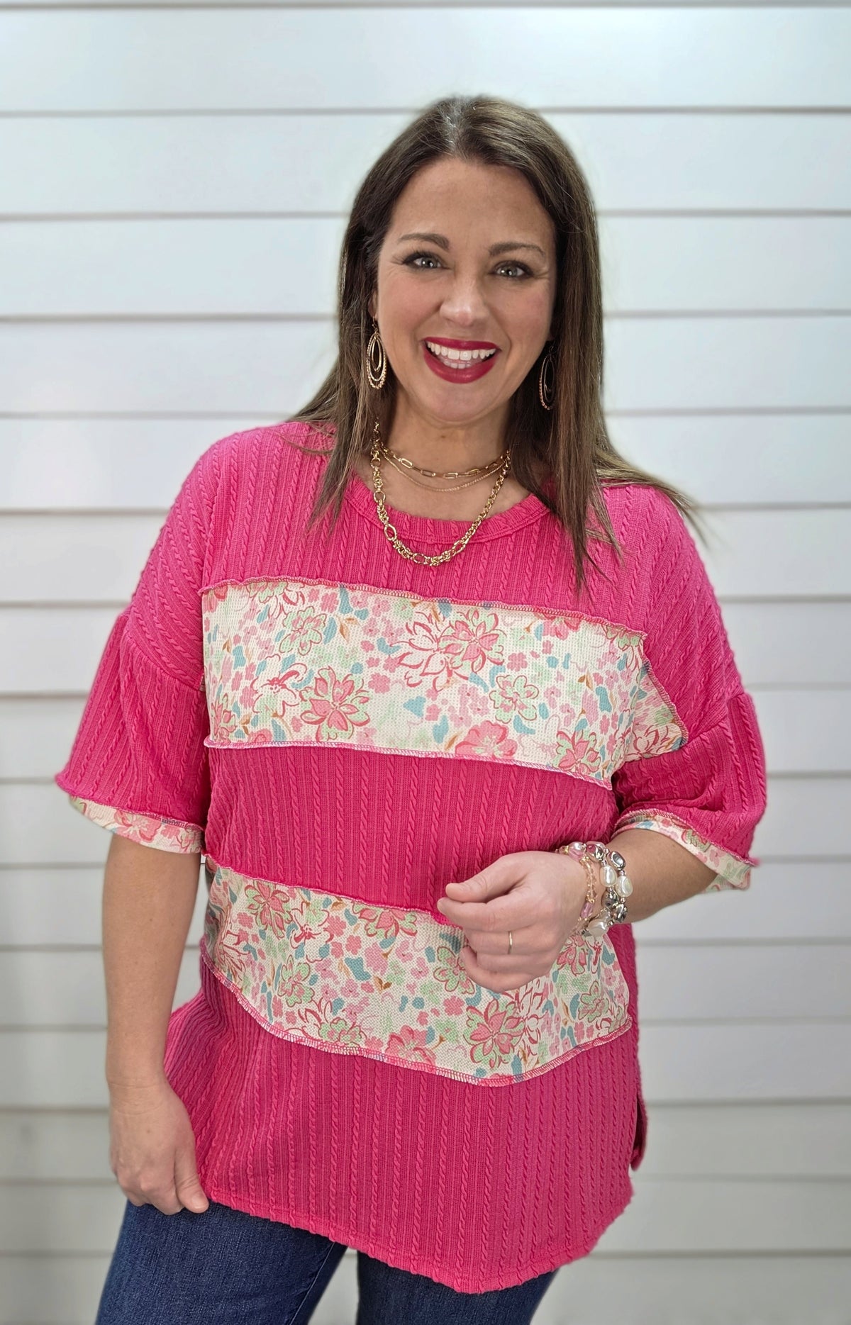 FUCHSIA TEXTURED KNIT TOP W/ FLORAL COLORBLOCK
