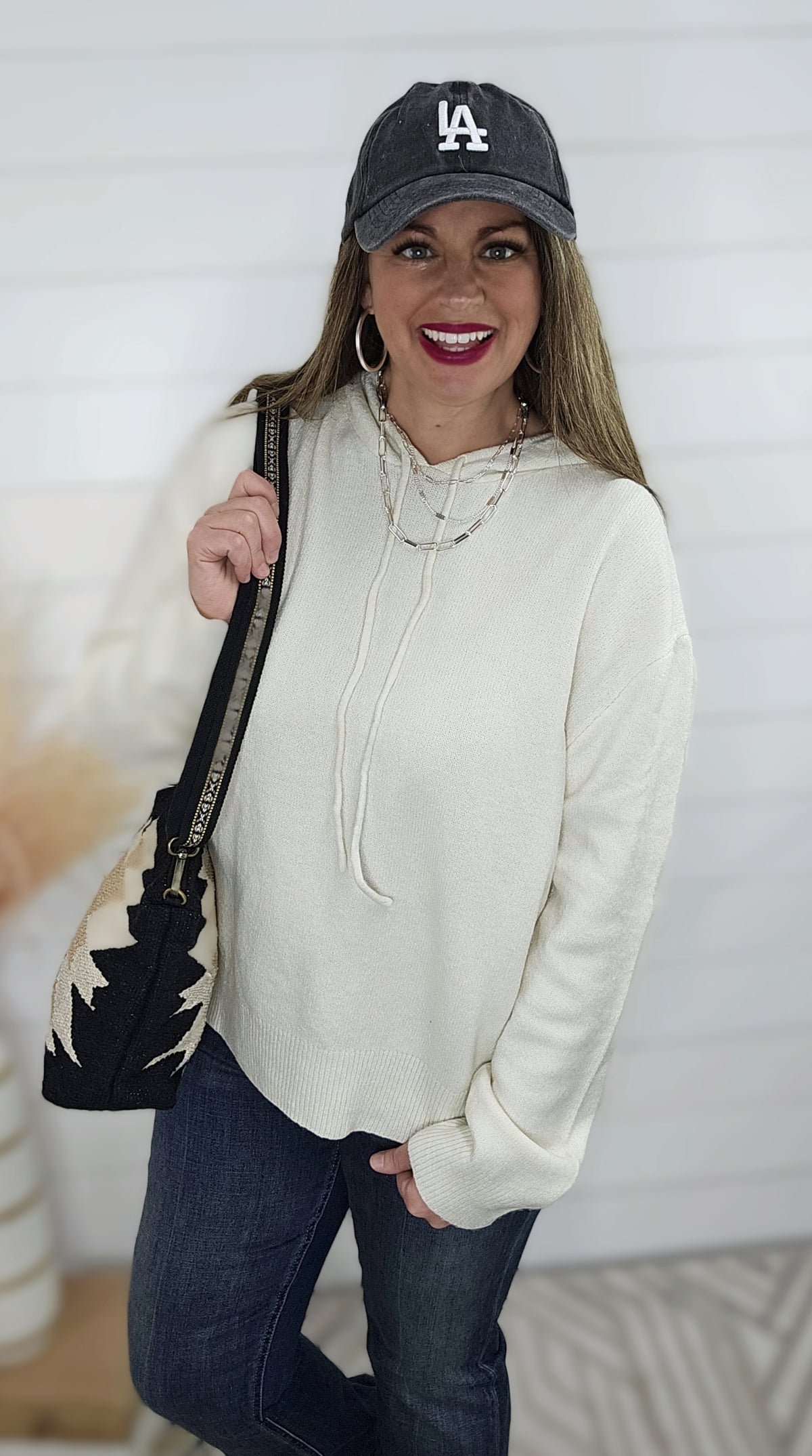 CREAM SWEATER KNIT HOODED TOP