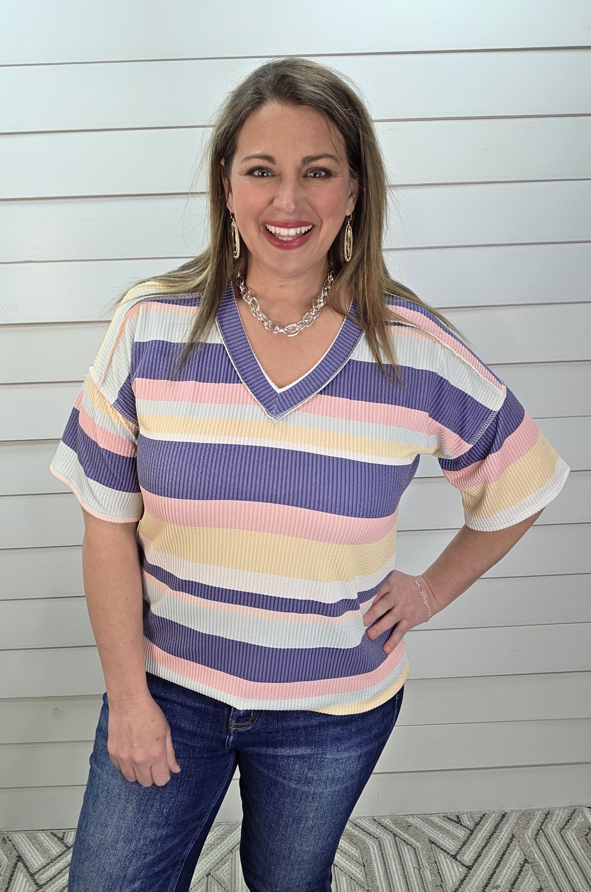 MULTI COLOR V NECK RAISED RIBBED KNIT TOP