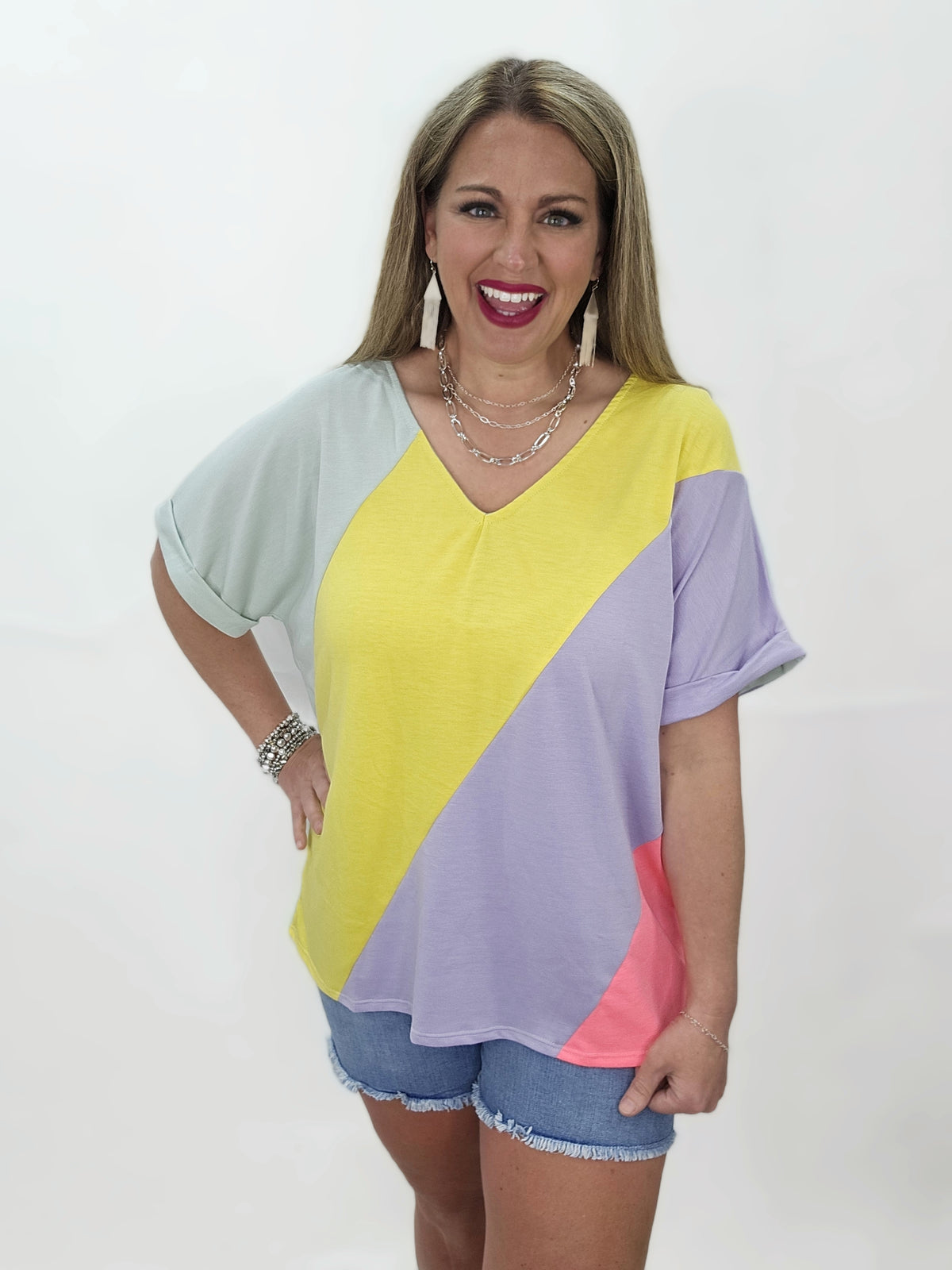 MULTI V NECK COLORBLOCK FRENCH TERRY CUFFED SLEEVE TOP