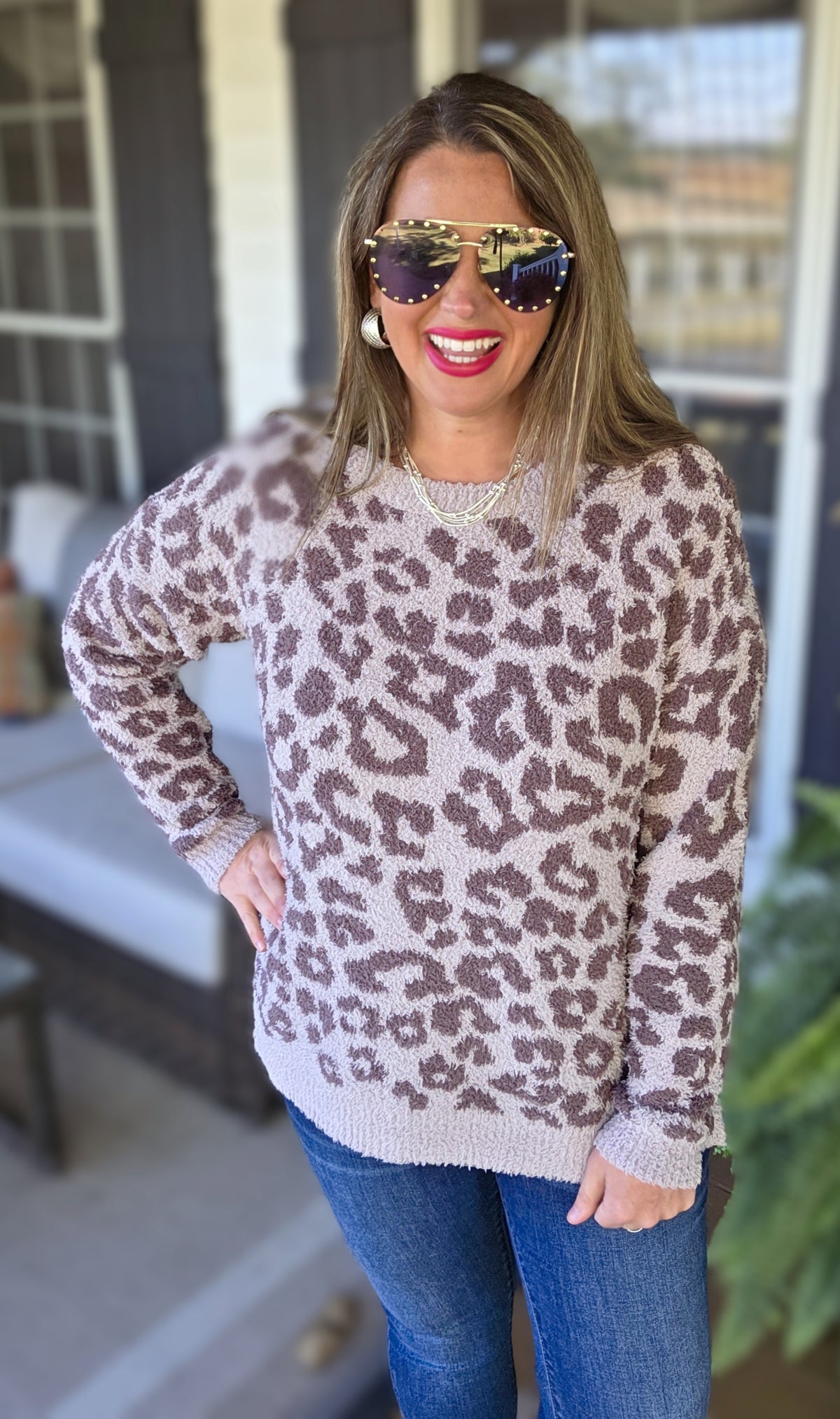 MOCHA ANIMAL ULTRA SOFT FUZZY ANIMAL PRINT SWEATER PULLOVER
