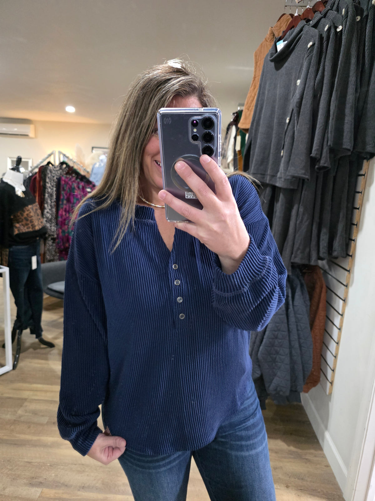 NAVY RAISED RIBBED V NECK HENLEY TOP