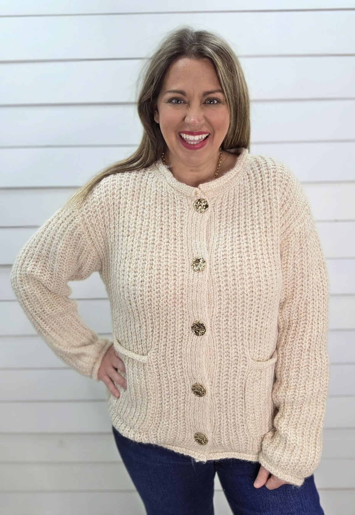 OATMEAL CHUNKY BUTTON DOWN SWEATER