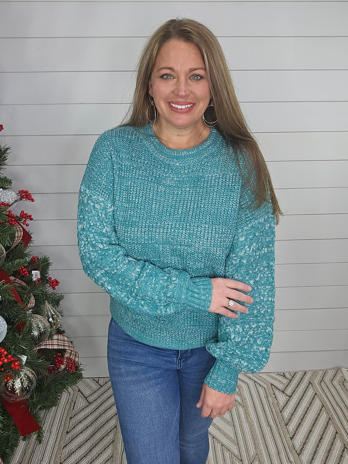 SEA GREEN CABLE KNIT DROP SHOULDER SWEATER