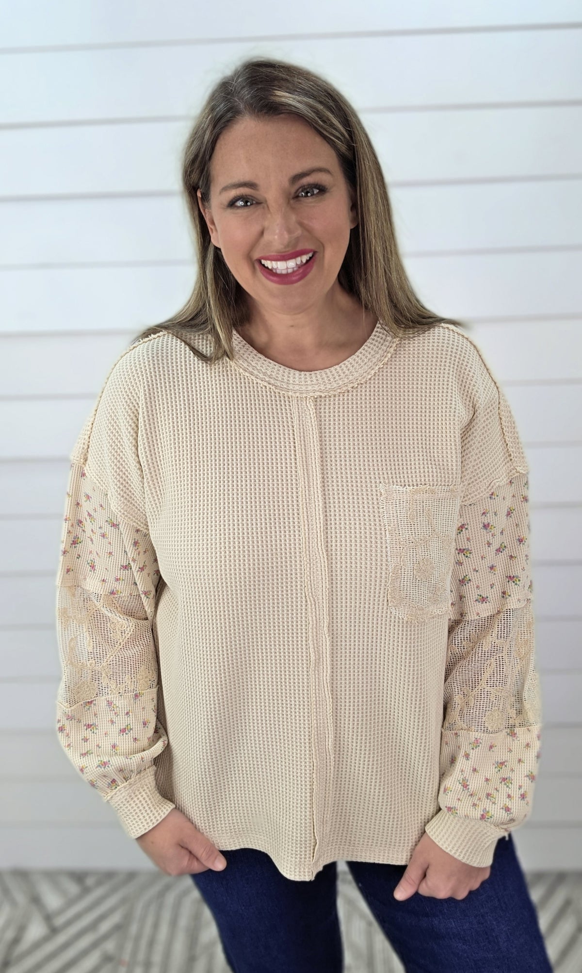 NATURAL WAFFLE TEXTURE CONTRAST SLEEVE KNIT OVERSIZED TOP