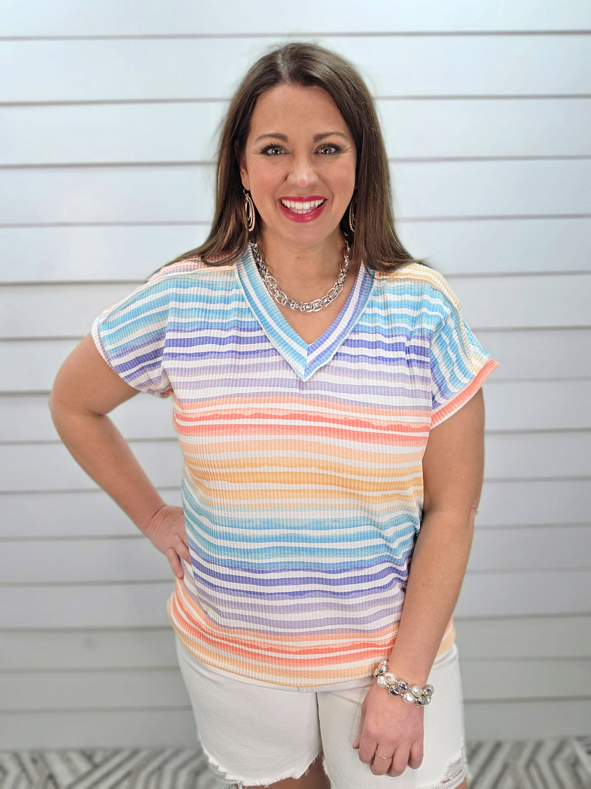 MULTI COLOR STRIPED RAISED RIBBED KNIT TOP
