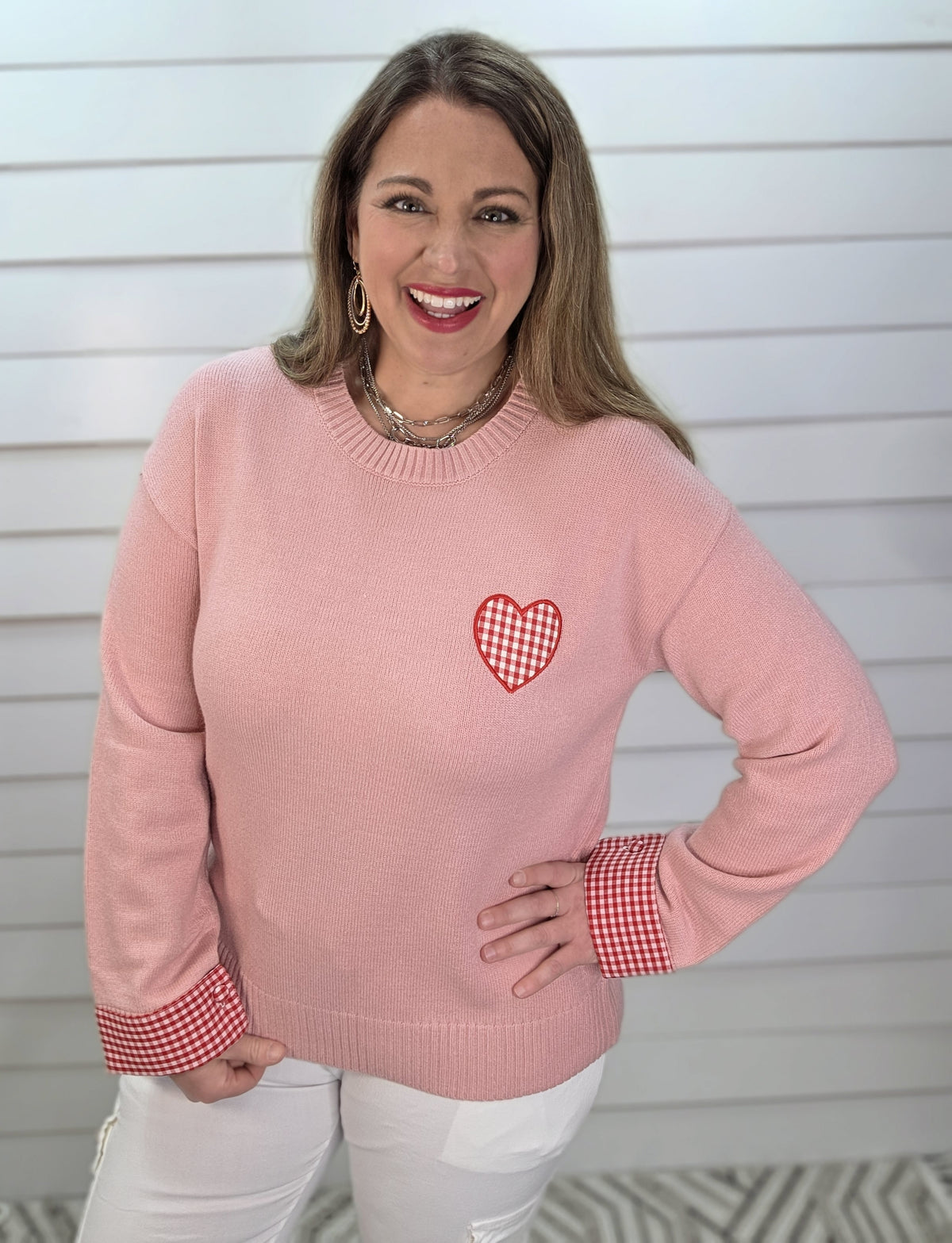 LIGHT PINK GINGHAM HEART KNIT SWEATER