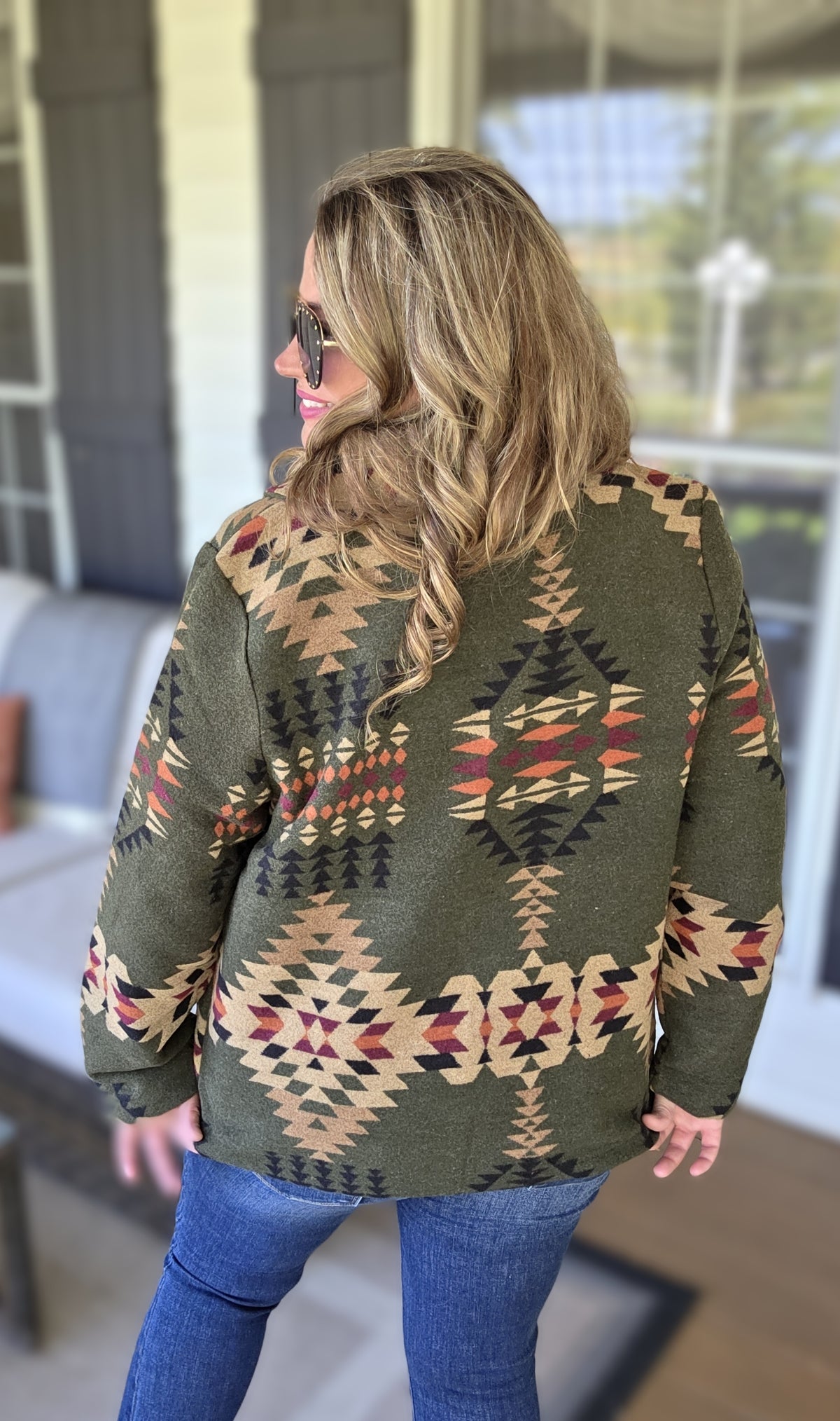 KAREN HART HUNTER GREEN AZTEC BUTTON JACKET