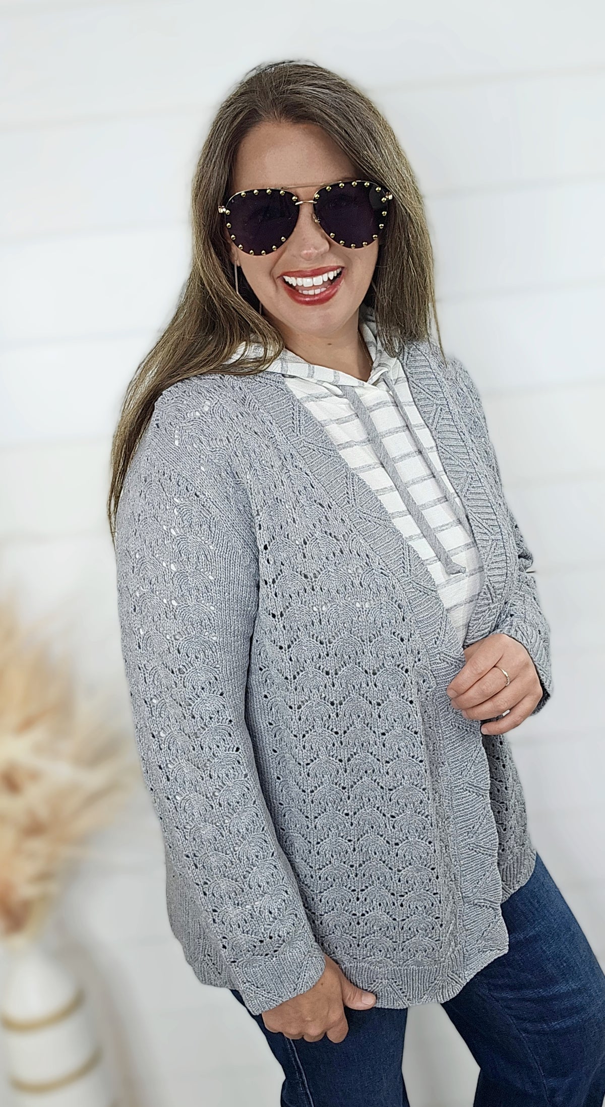 SOUTHERN LADY GREY OPEN WEAVE CARDIGAN