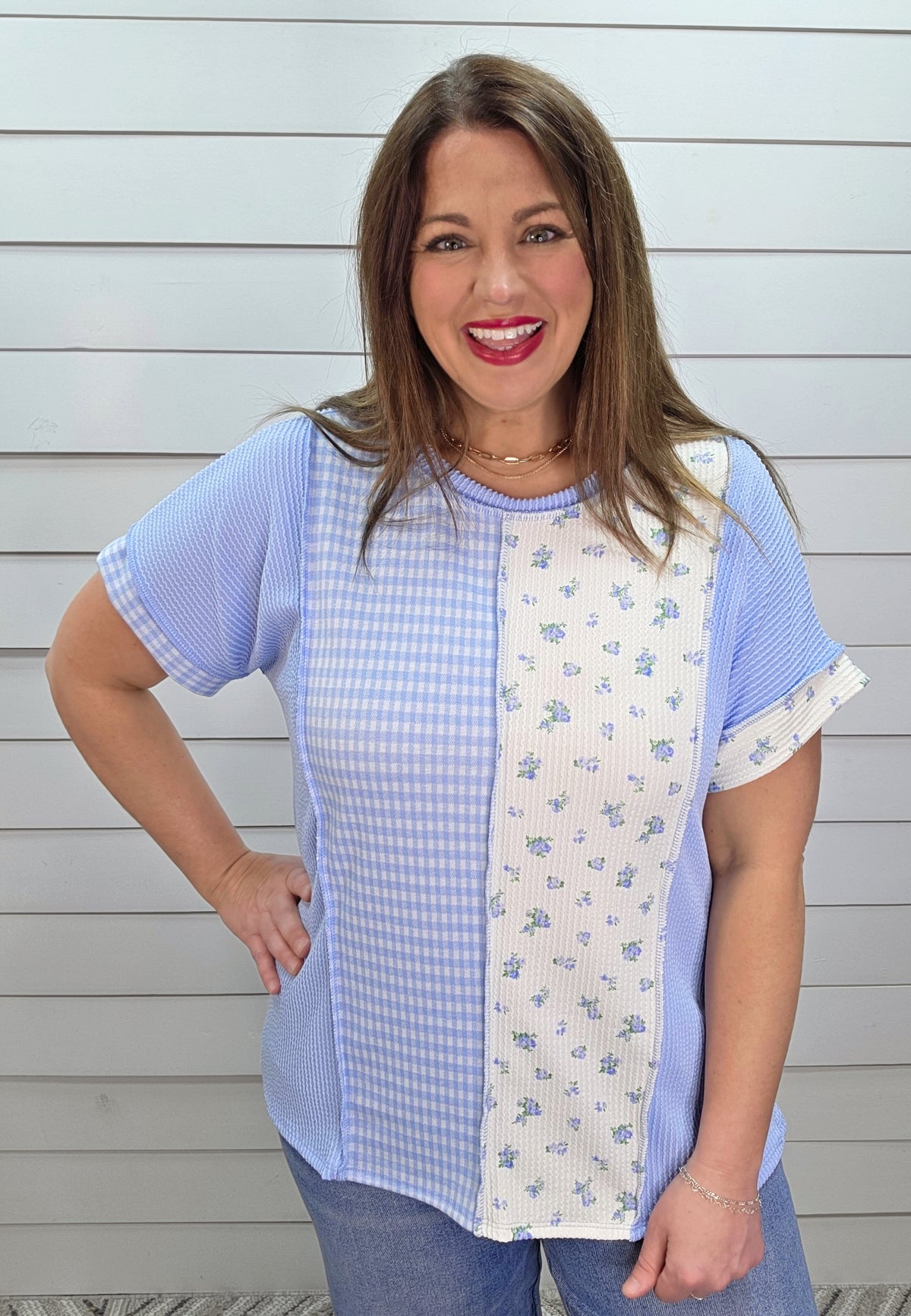 LT BLUE FLORAL/GINGHAM COLORBLOCK RASIED RIBBED KNIT TOP