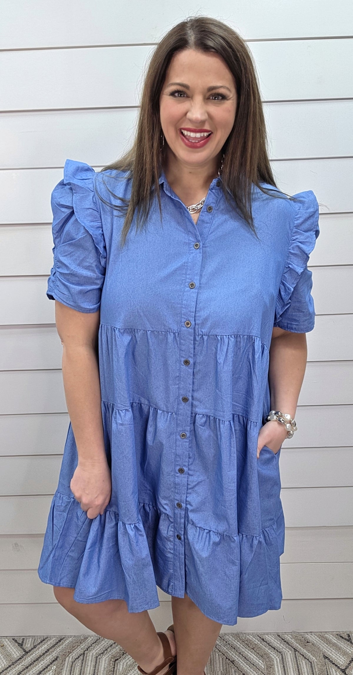CHAMBRAY BUTTON DOWN FRILLED SHORT SLEEVE WOVEN DRESS