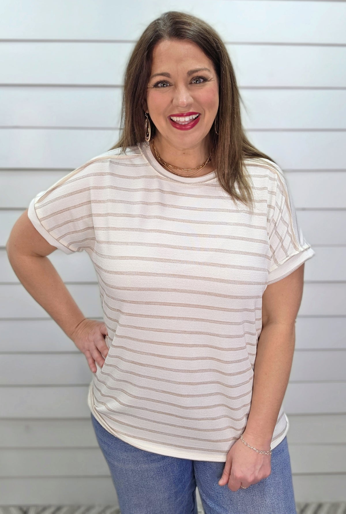 MOCHA/CREAM STRIPED KNIT SHORT SLEEVE TOP