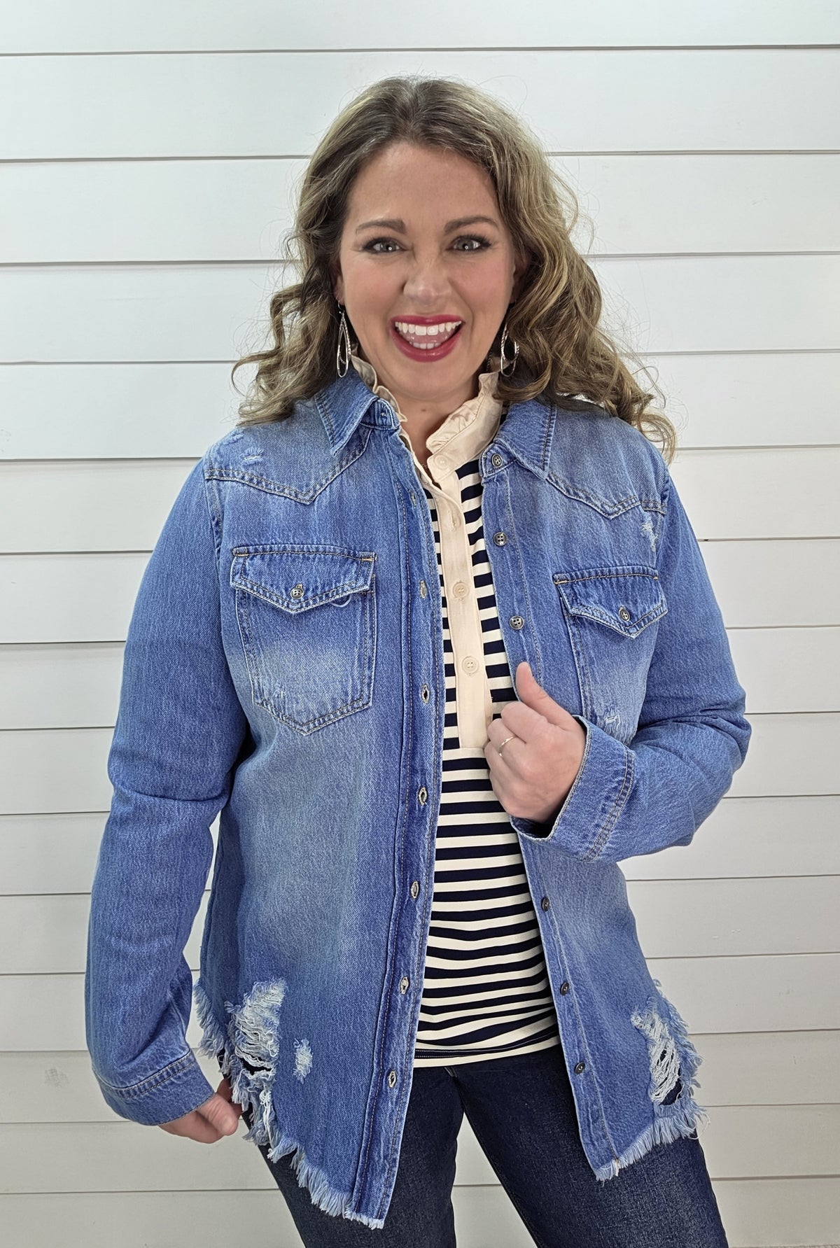 MEDIUM WASH DISTRESSED DENIM SHIRT