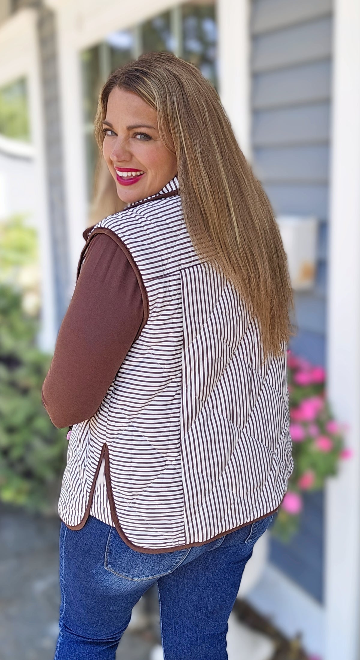 BROWN AND WHITE PINSTRIPED SNAP BUTTON VEST