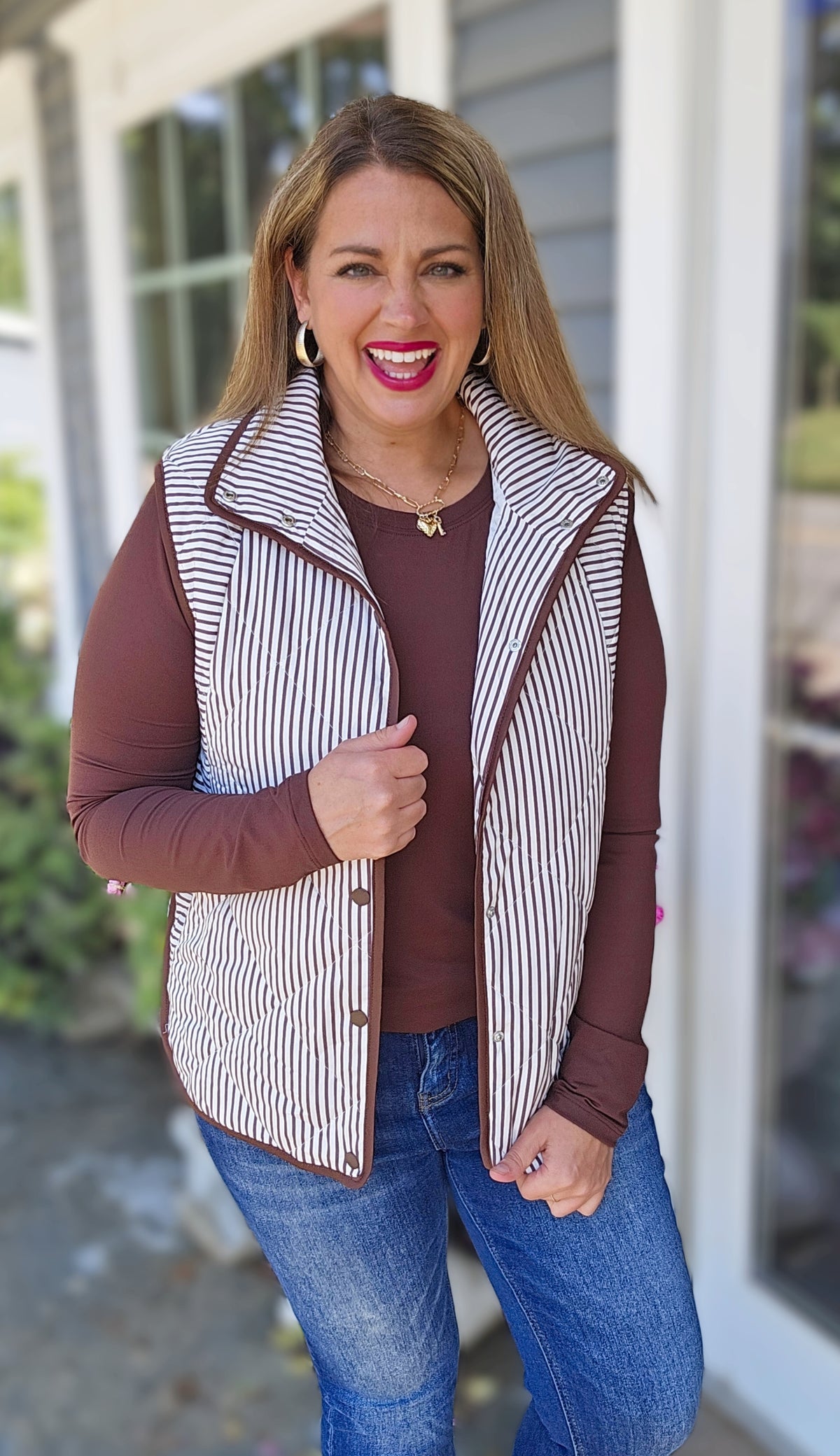 BROWN AND WHITE PINSTRIPED SNAP BUTTON VEST