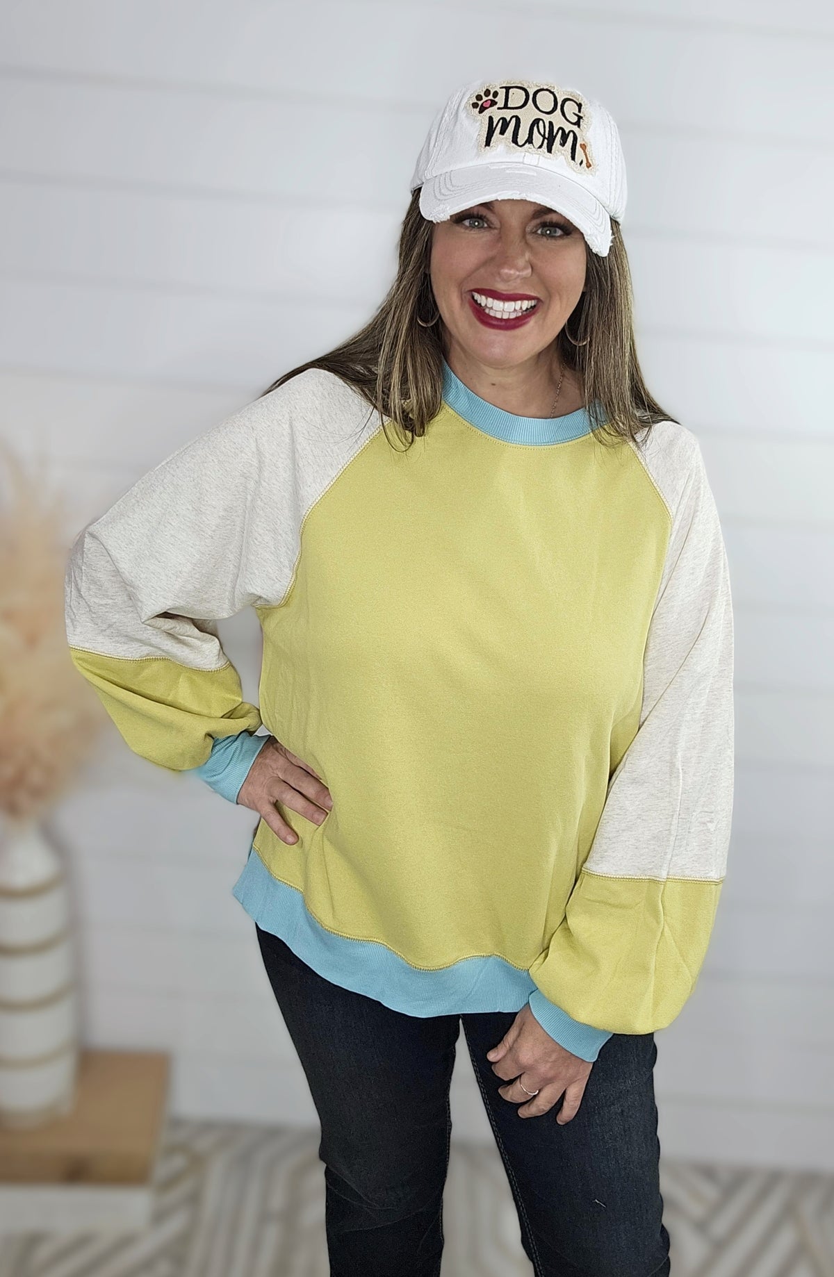 MUSTARD/PURPLE/TEAL COLORBLOCK OVERSIZED FRENCH TERRY TOP