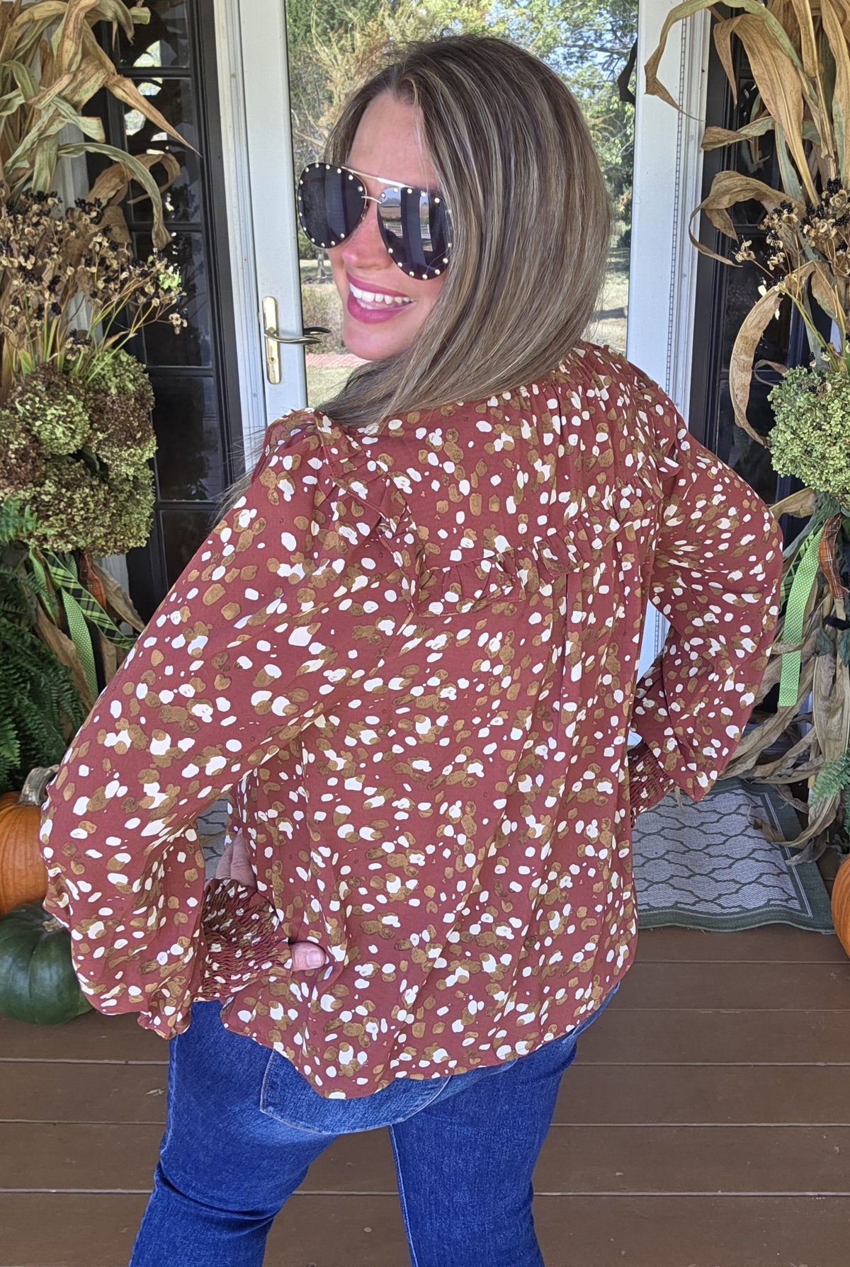 RUST PRINTED RUFFLE TRIM BUTTON DOWN BLOUSE