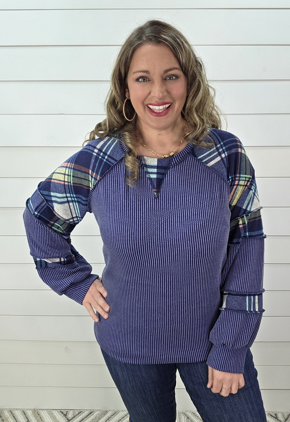 DENIM BLUE RAISED RIBBED/PLAID CONTRAST KNIT TOP
