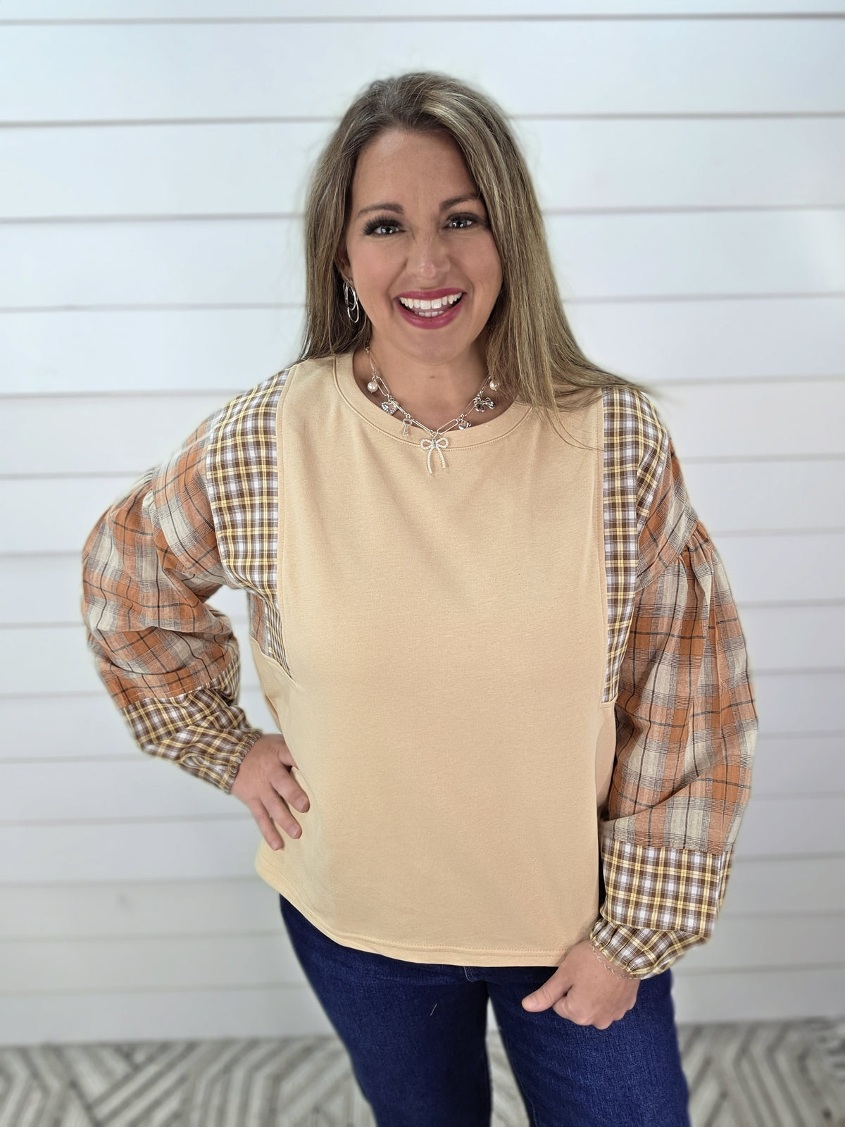 OATMEAL/RUST PLAID CONTRAST FRENCH TERRY TOP