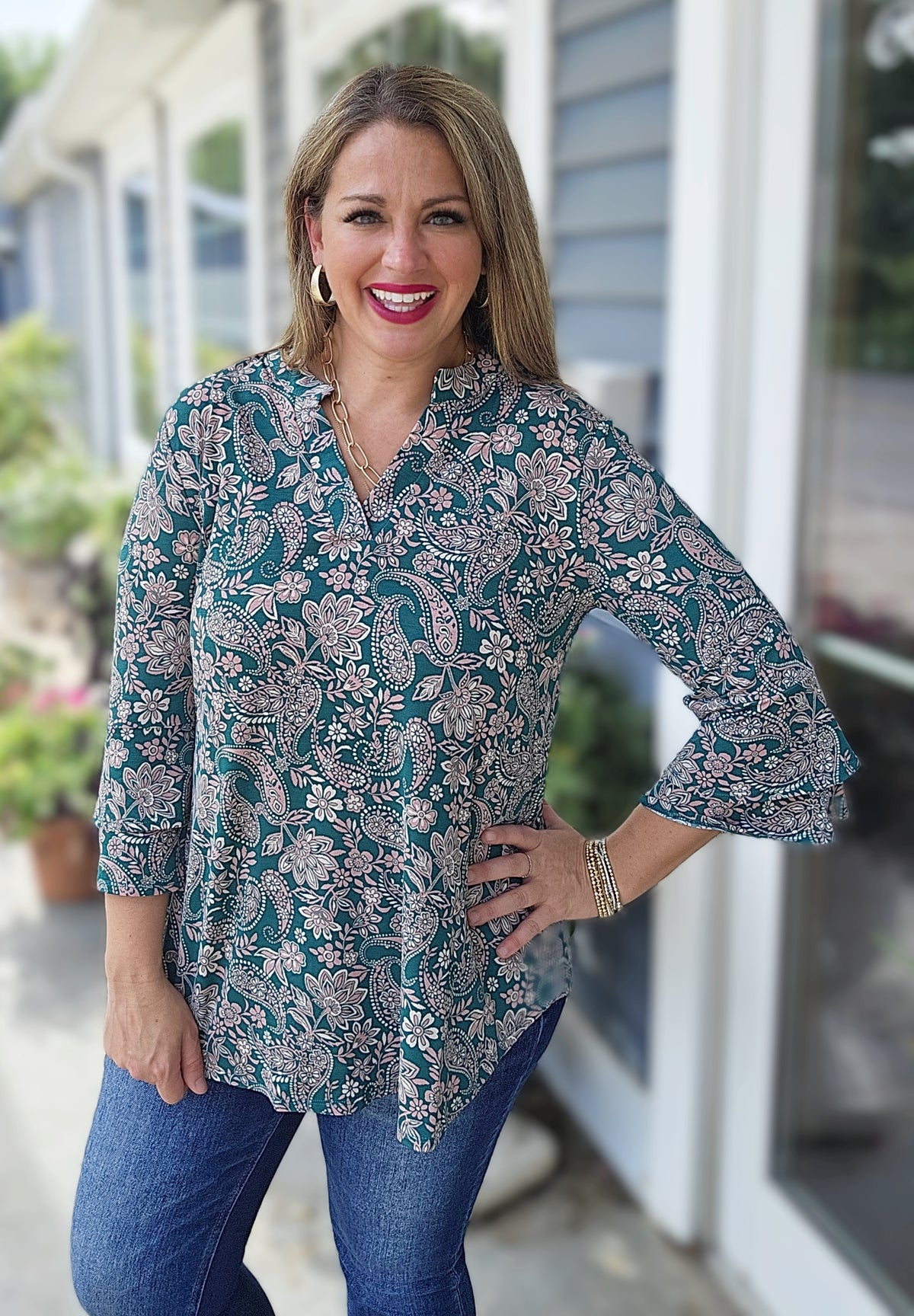 DEAR SCARLETT HUNTER GREEN PAISLEY/FLORAL DOUBLE BELL LIZZY