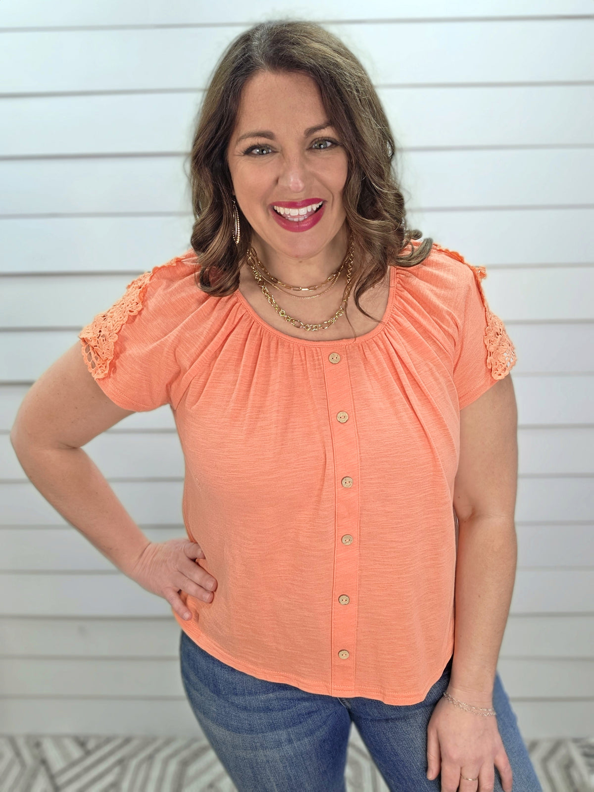 ORANGE COTTON SLUB TOP W/ LACE SLEEVES AND FAUX BUTTONS