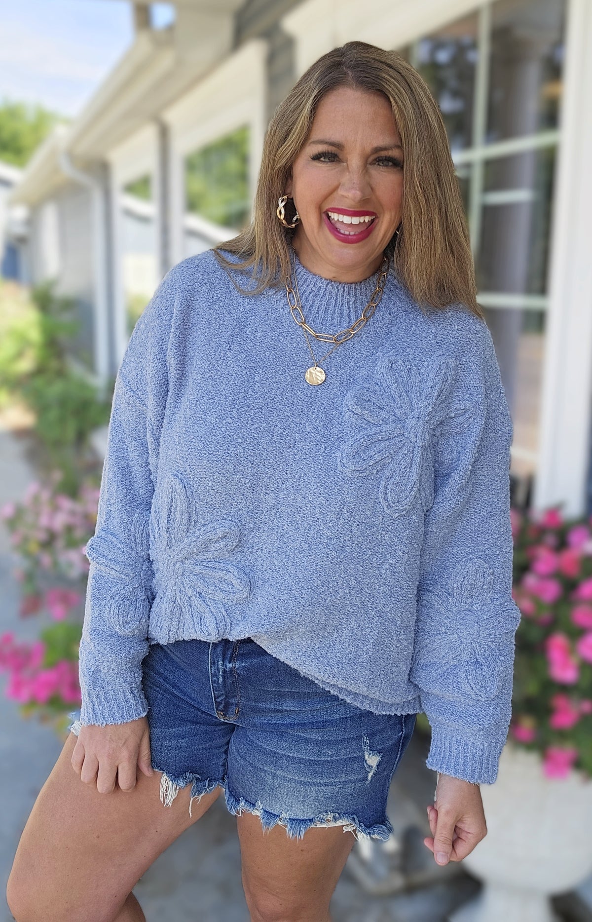 BLUE LARGE FLORAL KNIT SWEATER