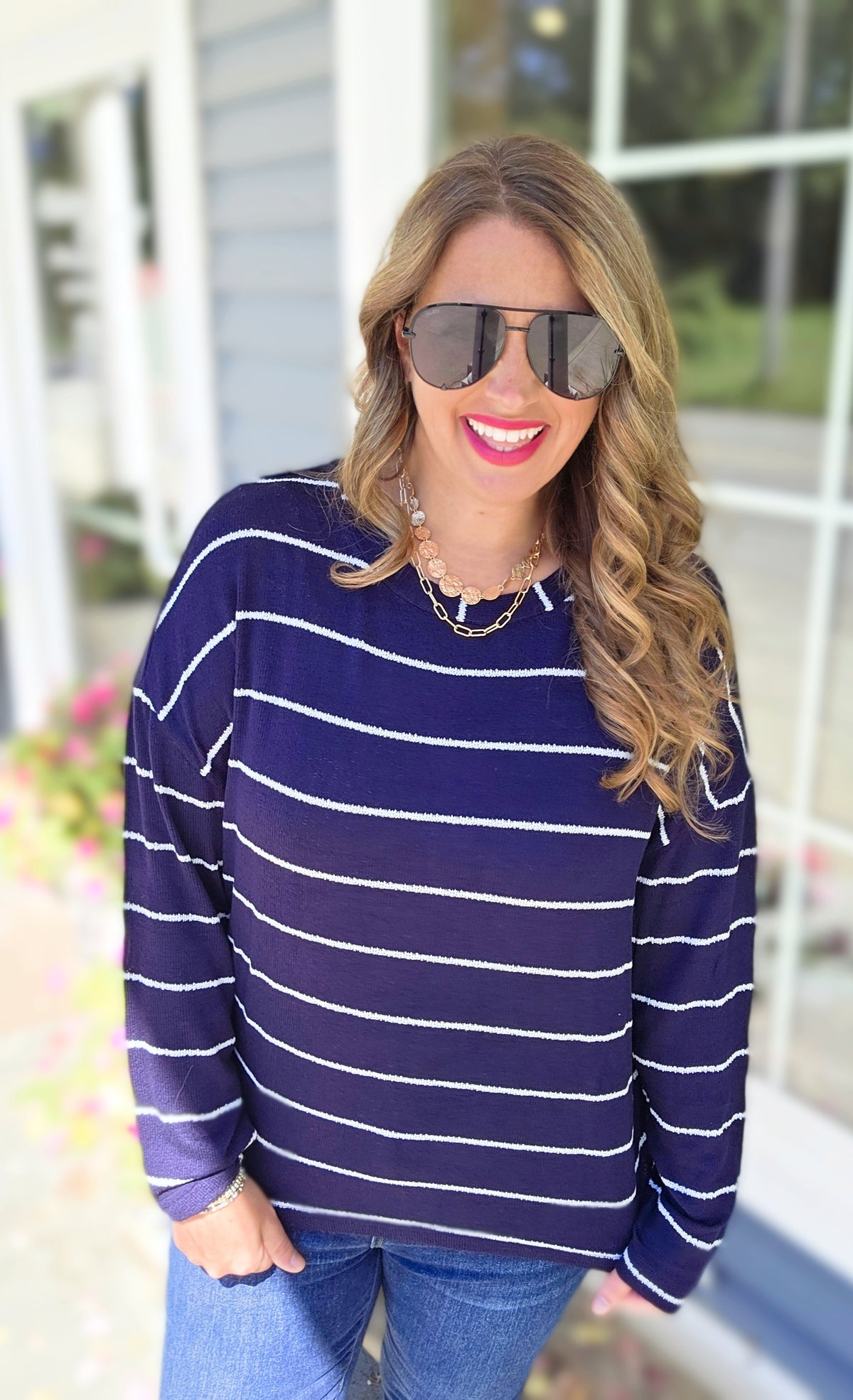 NAVY PINSTRIPE LIGHT WEIGHT SOFT SWEATER
